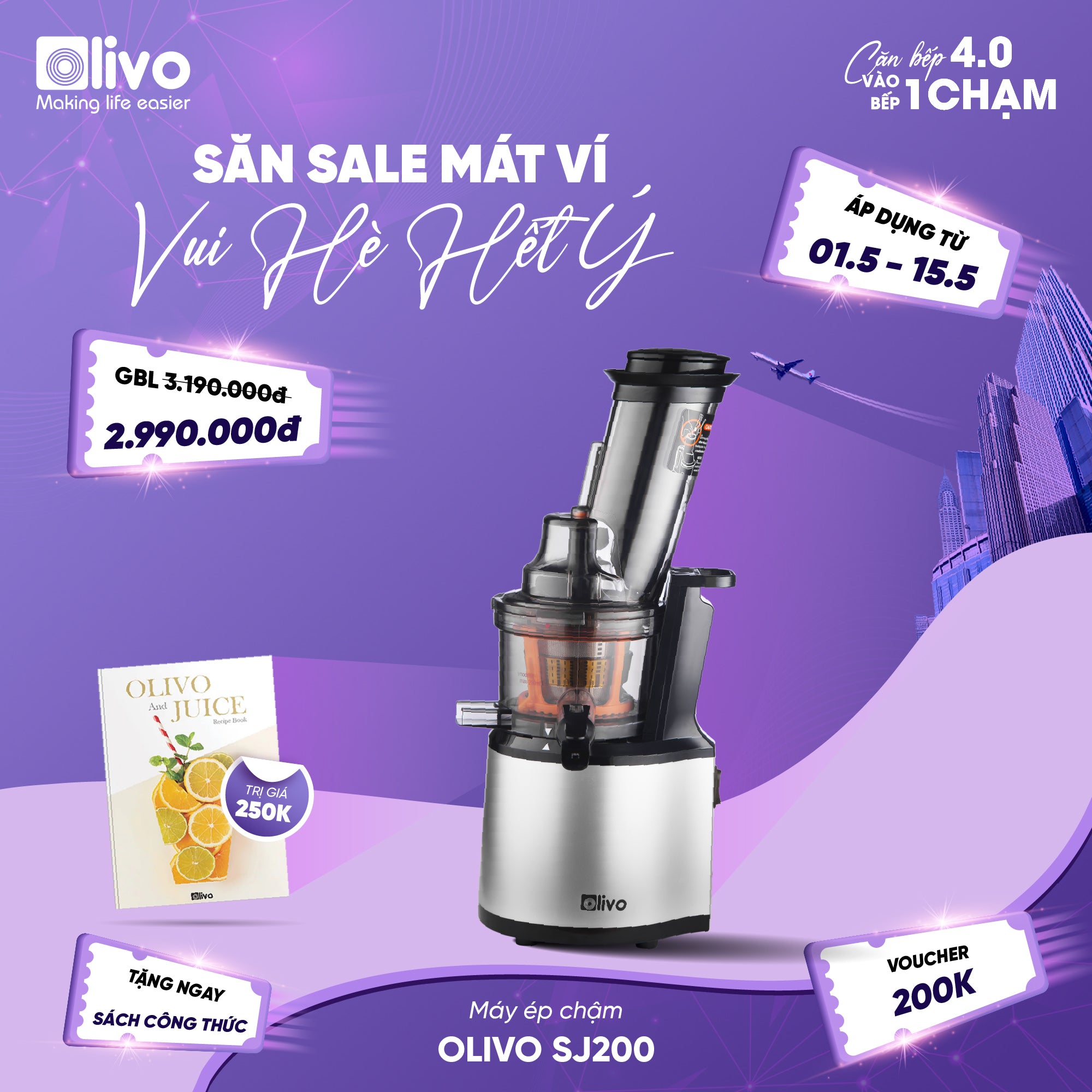 Máy Ép Chậm OLIVO SJ200 Đa Năng - Ép Kiệt Bã 98% - Tốc Độ Chậm 39 vòng/phút - Dễ Vệ Sinh