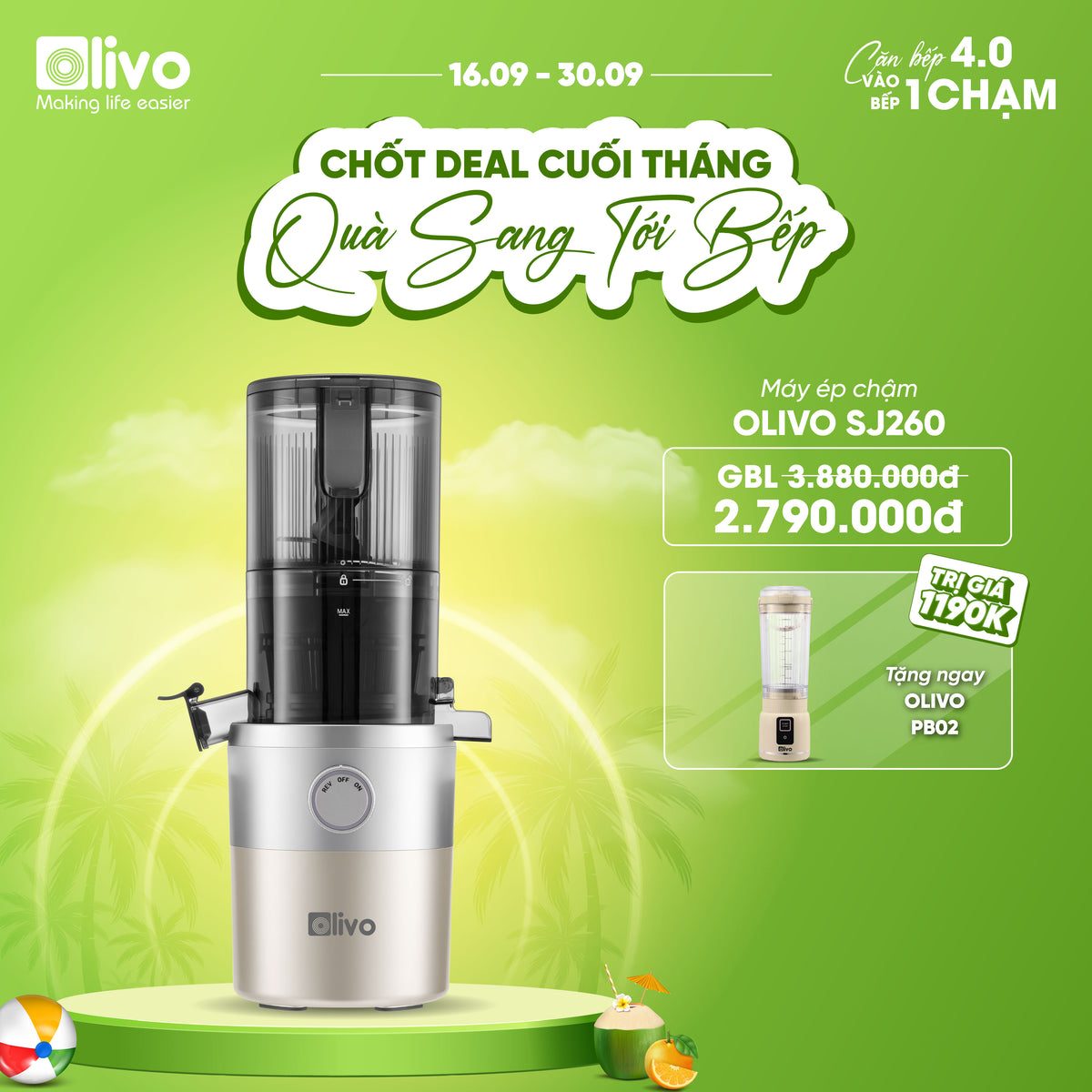 Máy Ép Chậm OLIVO SJ260 - Màu Solara, Lưỡi Dao Kép, Khoang Tiếp Lớn, Ép Kiệt, Dễ Dàng Vệ Sinh