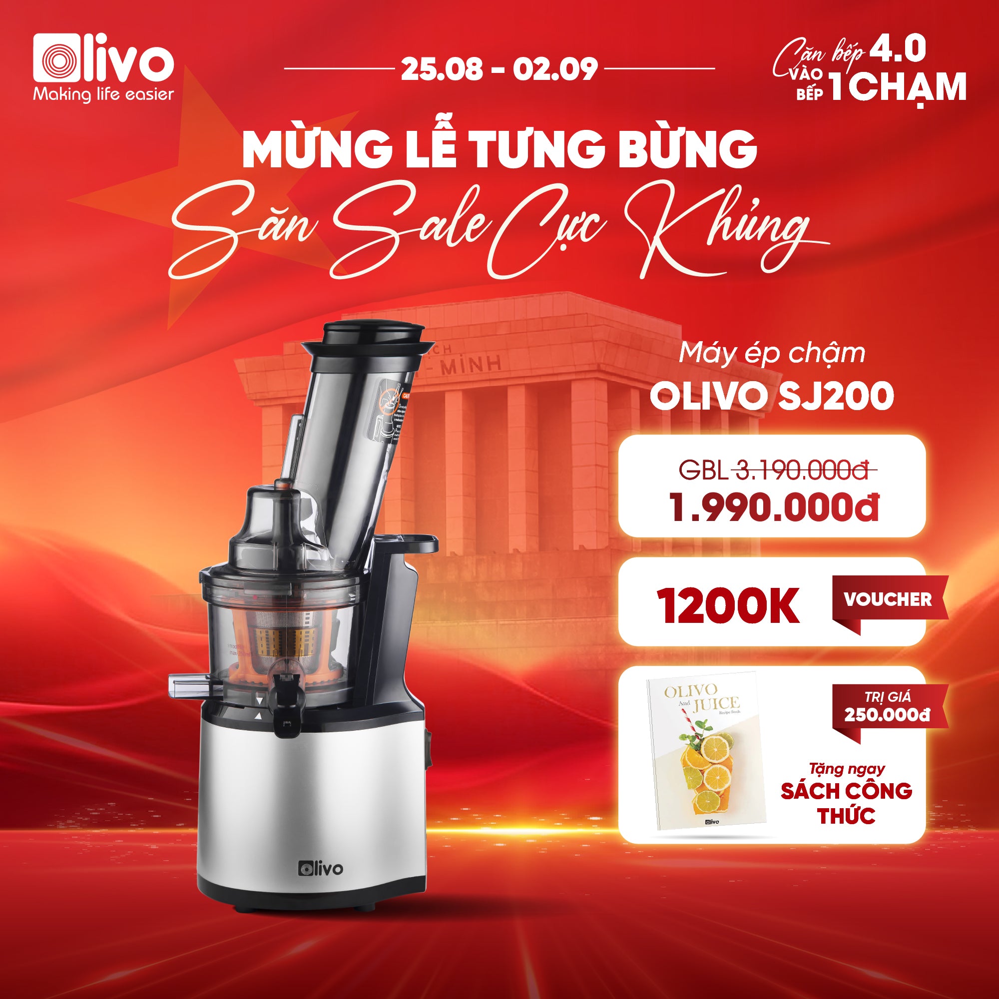 Máy Ép Chậm OLIVO SJ200 Đa Năng - Ép Kiệt Bã 98% - Tốc Độ Chậm 39 vòng/phút - Dễ Vệ Sinh