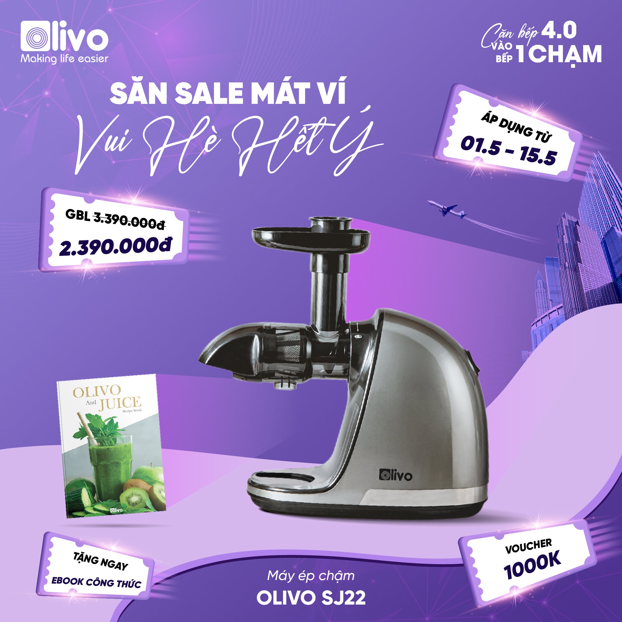 Máy Ép Chậm Trục Ngang OLIVO SJ22 - Ép Rau Không Lo Kẹt Máy - Ép Kiệt Bã - Dễ Vệ Sinh