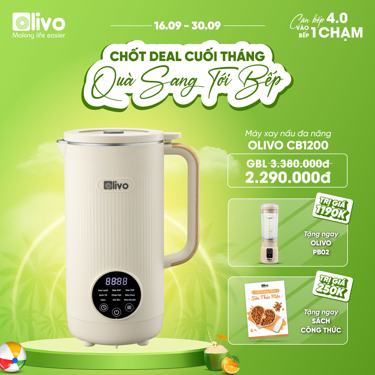 Máy Xay Nấu Đa Năng OLIVO CB1200 - Dung Tích 1.2L - Nắp INOX 304 Kết Hợp Kính Cường Lực - 10 Chế Độ, Khử Khuẩn, Chống Trào Hiệu Quả