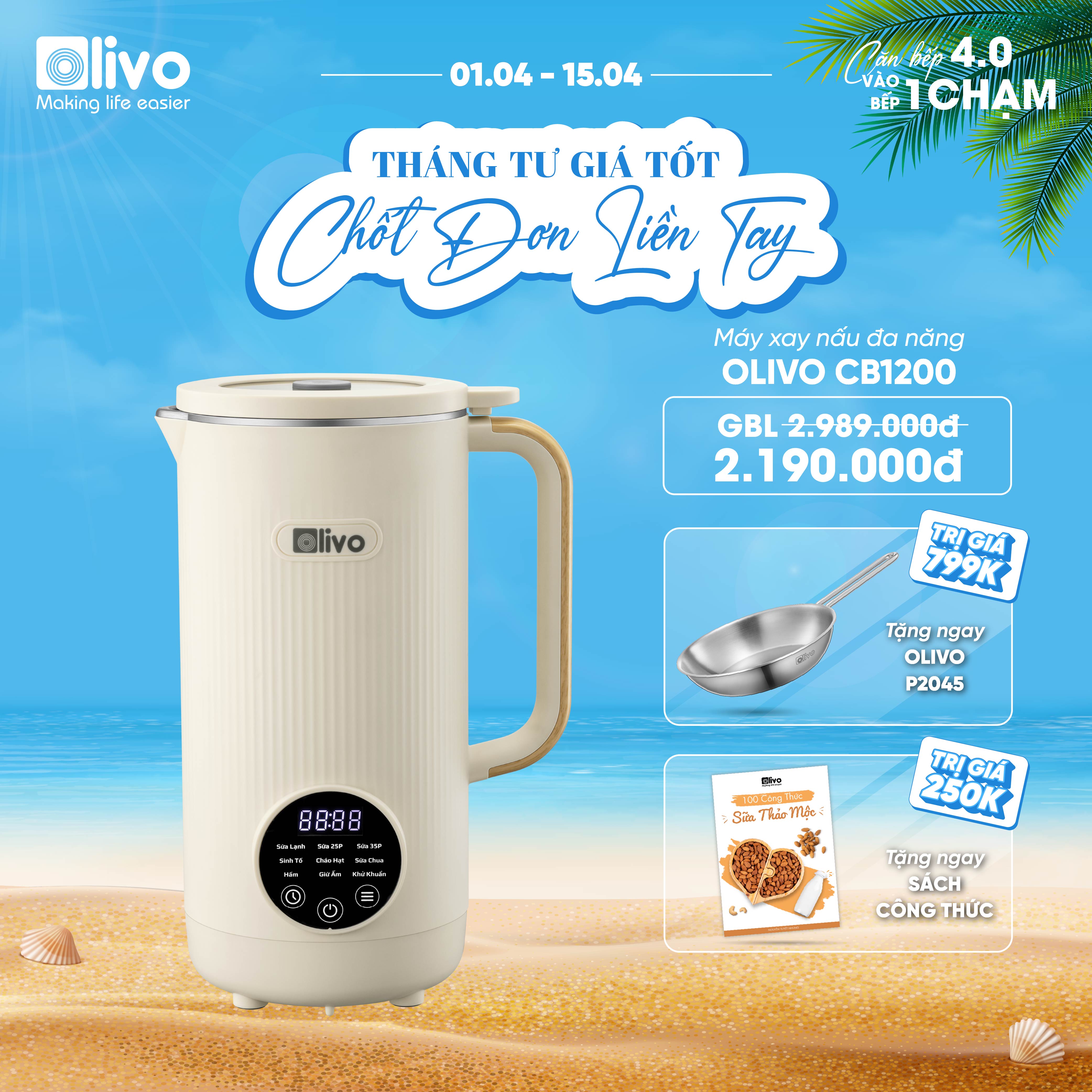 Máy Xay Nấu Đa Năng OLIVO CB1200 - Dung Tích 1.2L - Nắp INOX 304 Kết Hợp Kính Cường Lực - 10 Chế Độ, Khử Khuẩn, Chống Trào Tuyệt Đối