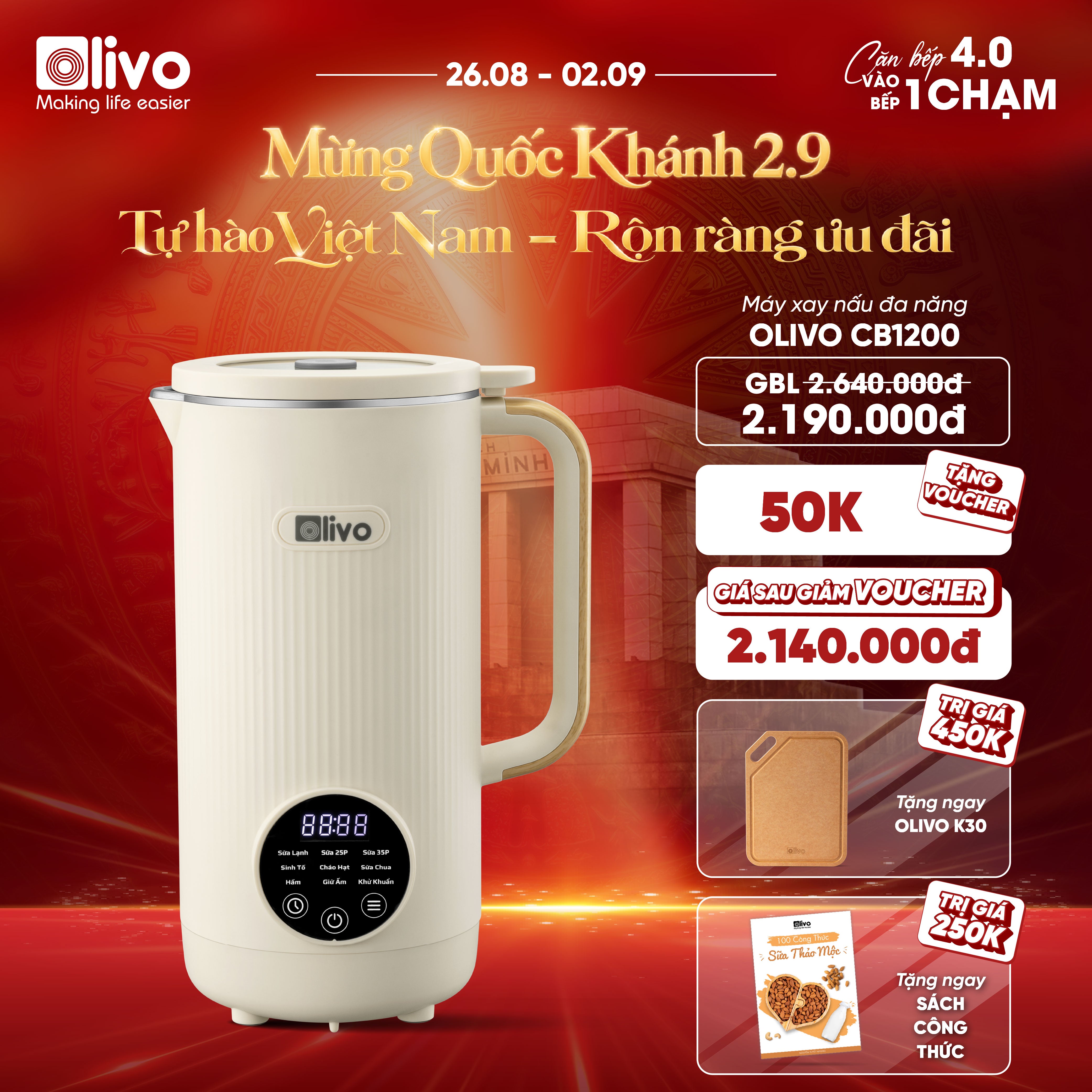 Máy Xay Nấu Đa Năng OLIVO CB1200 - Dung Tích 1.2L - Nắp INOX 304 Kết Hợp Kính Cường Lực - 10 Chế Độ, Khử Khuẩn, Chống Trào Hiệu Quả