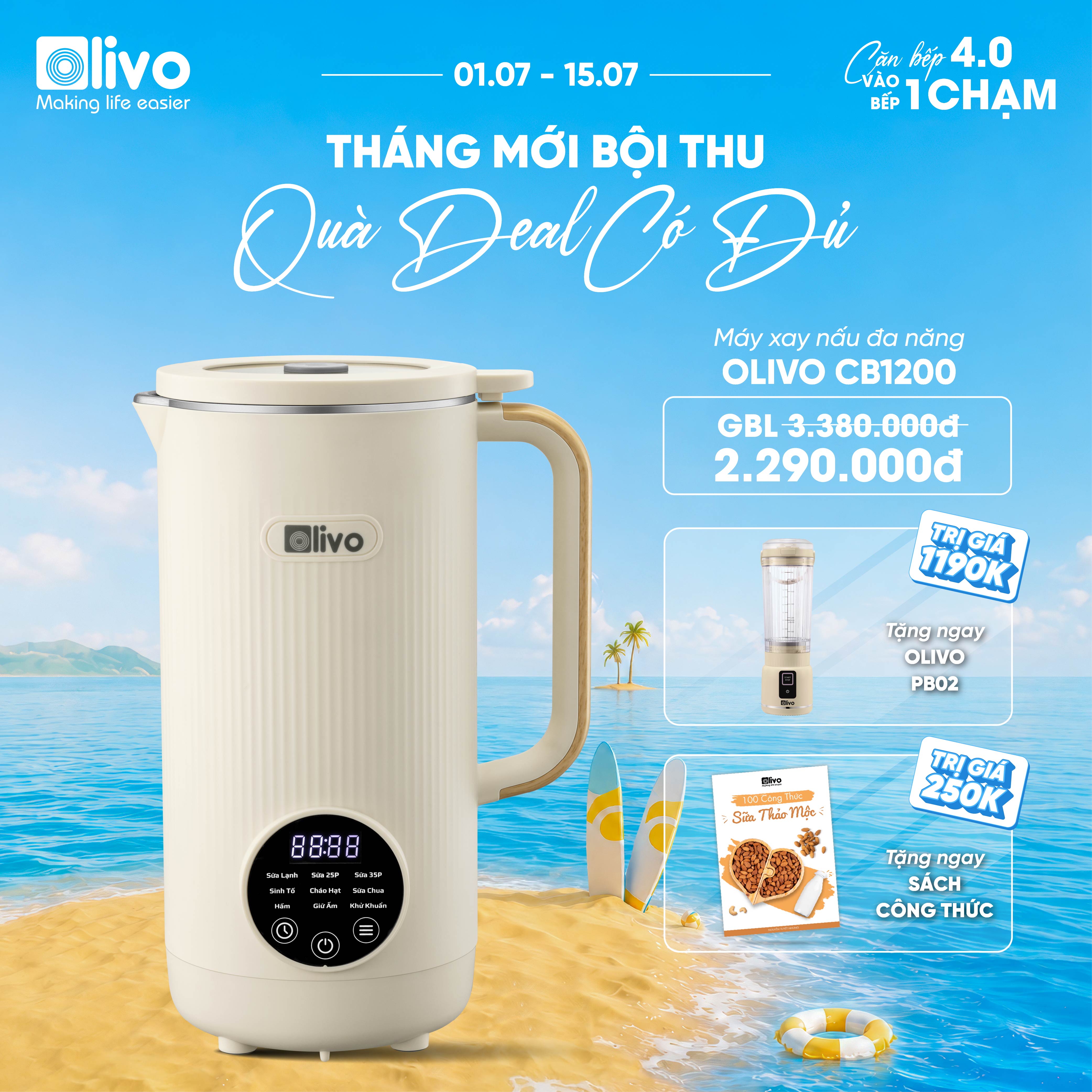 Máy Xay Nấu Đa Năng OLIVO CB1200 - Dung Tích 1.2L - Nắp INOX 304 Kết Hợp Kính Cường Lực - 10 Chế Độ, Khử Khuẩn, Chống Trào Tuyệt Đối