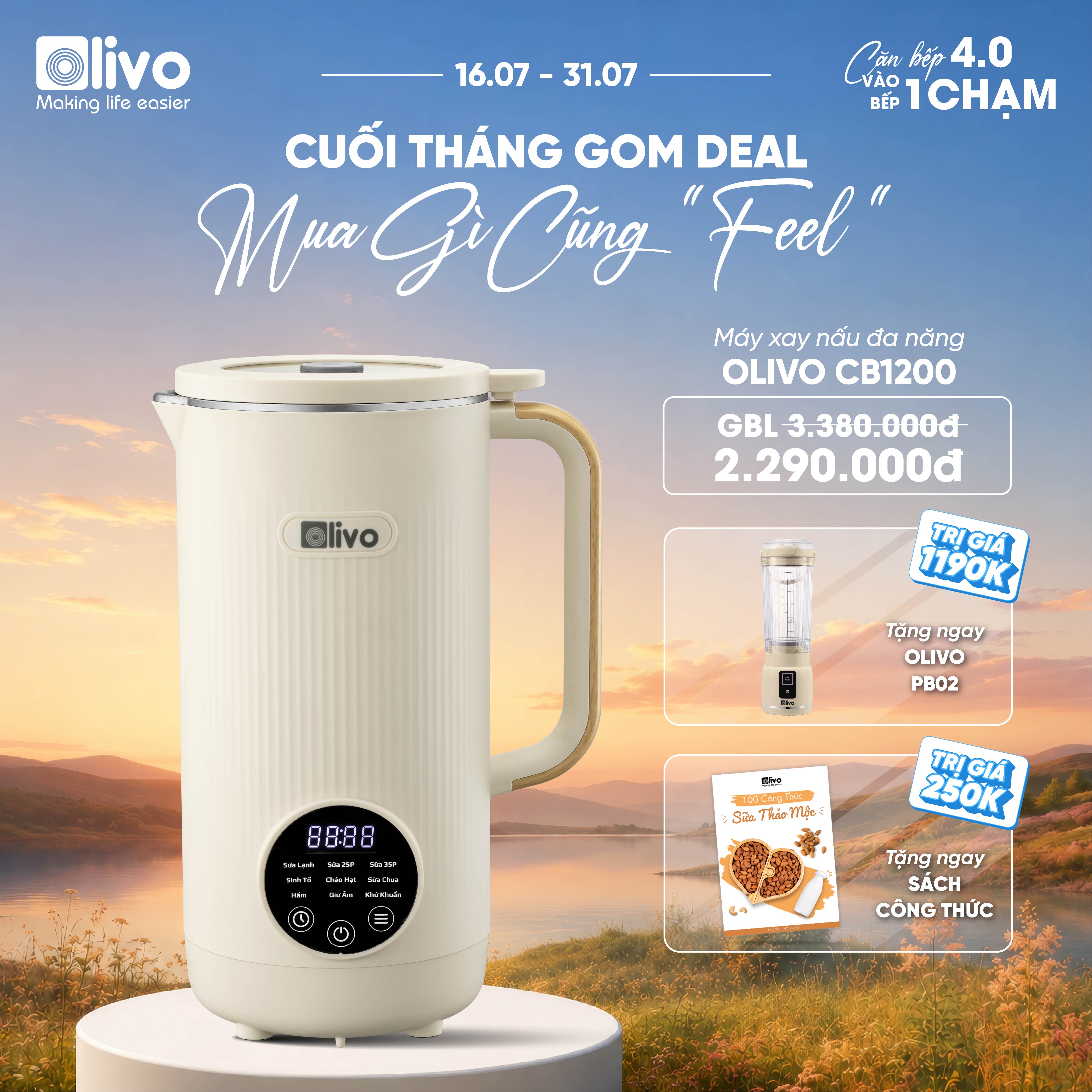 Máy Xay Nấu Đa Năng OLIVO CB1200 - Dung Tích 1.2L - Nắp INOX 304 Kết Hợp Kính Cường Lực - 10 Chế Độ, Khử Khuẩn, Chống Trào Tuyệt Đối
