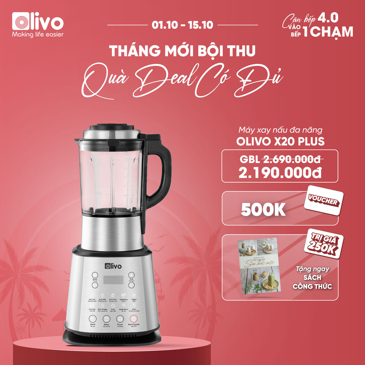 Máy Làm Sữa Hạt OLIVO X20 PLUS Phiên Bản 2023 - Đa Chức Năng - Tạm Dừng Thông Minh - Vệ Sinh Khử Khuẩn - Chống Trào Hiệu Quả - Công Suất 2000W