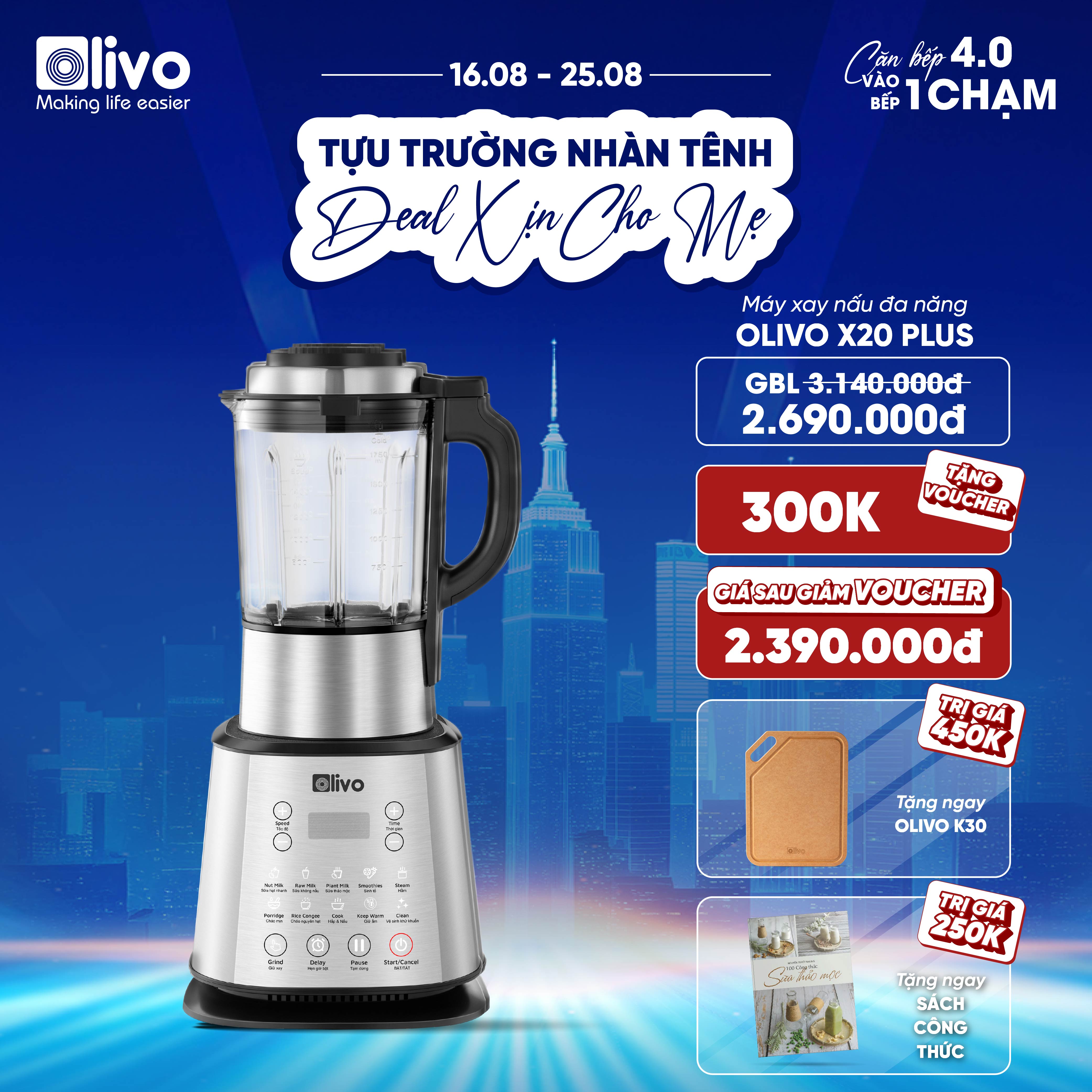 Máy Làm Sữa Hạt OLIVO X20 PLUS Phiên Bản 2023 - Đa Chức Năng - Tạm Dừng Thông Minh - Vệ Sinh Khử Khuẩn - Chống Trào Hiệu Quả - Công Suất 2000W
