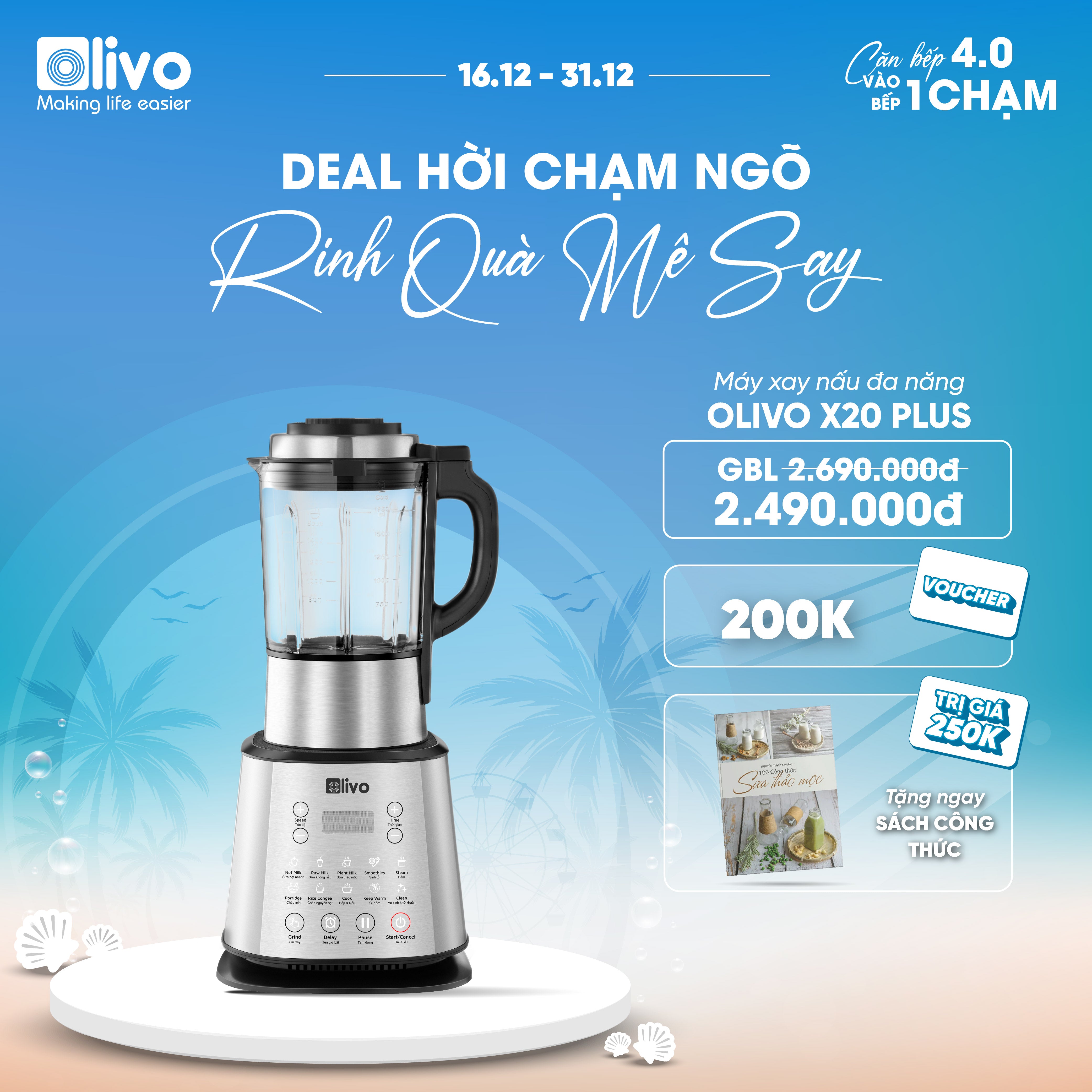 Máy Làm Sữa Hạt OLIVO X20 PLUS Phiên Bản 2023 - Đa Chức Năng - Tạm Dừng Thông Minh - Vệ Sinh Khử Khuẩn Độc Quyền - Chống Trào Tuyệt Đối - Công Suất 2000W