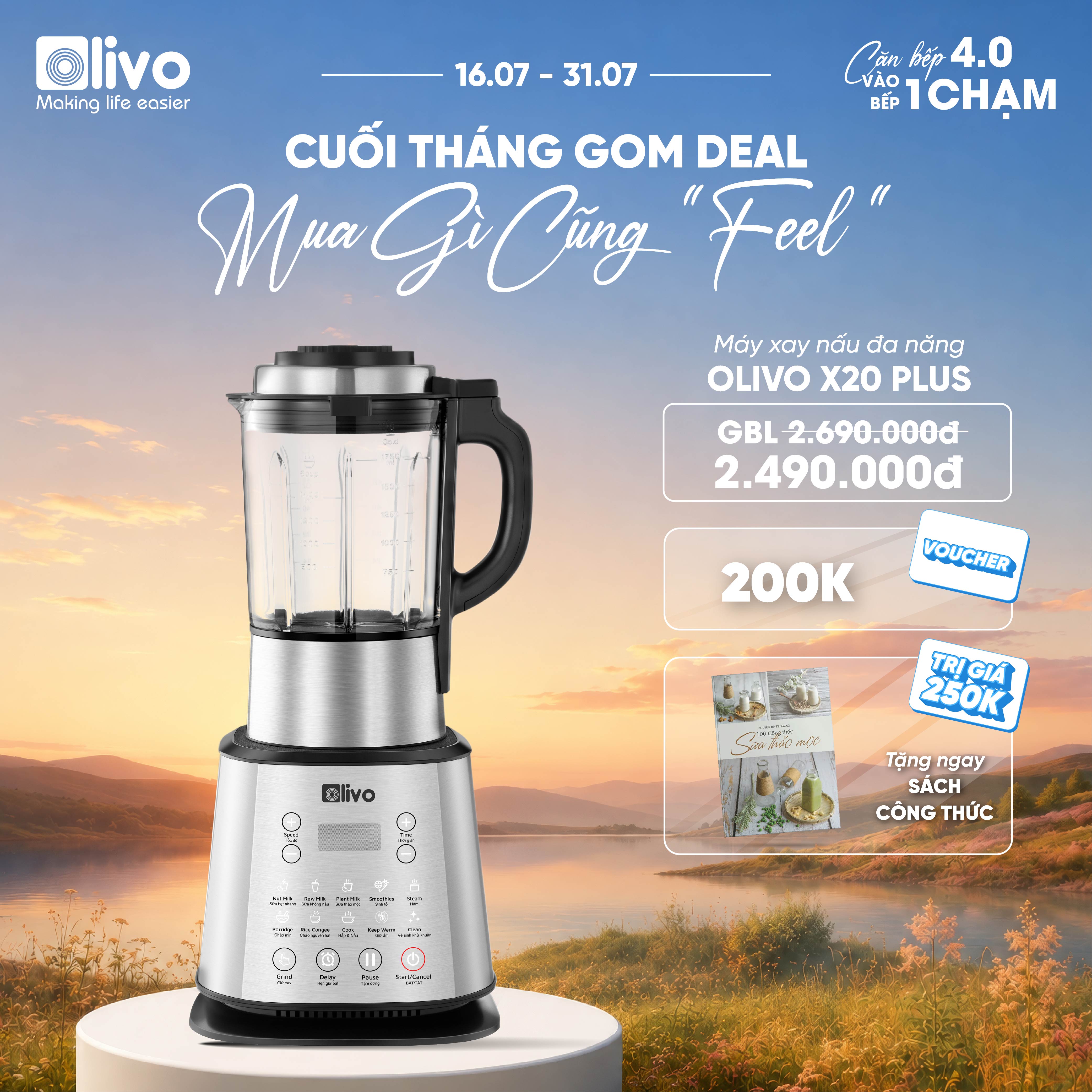 Máy Làm Sữa Hạt OLIVO X20 PLUS Phiên Bản 2023 - Đa Chức Năng - Tạm Dừng Thông Minh - Vệ Sinh Khử Khuẩn Độc Quyền - Chống Trào Tuyệt Đối - Công Suất 2000W