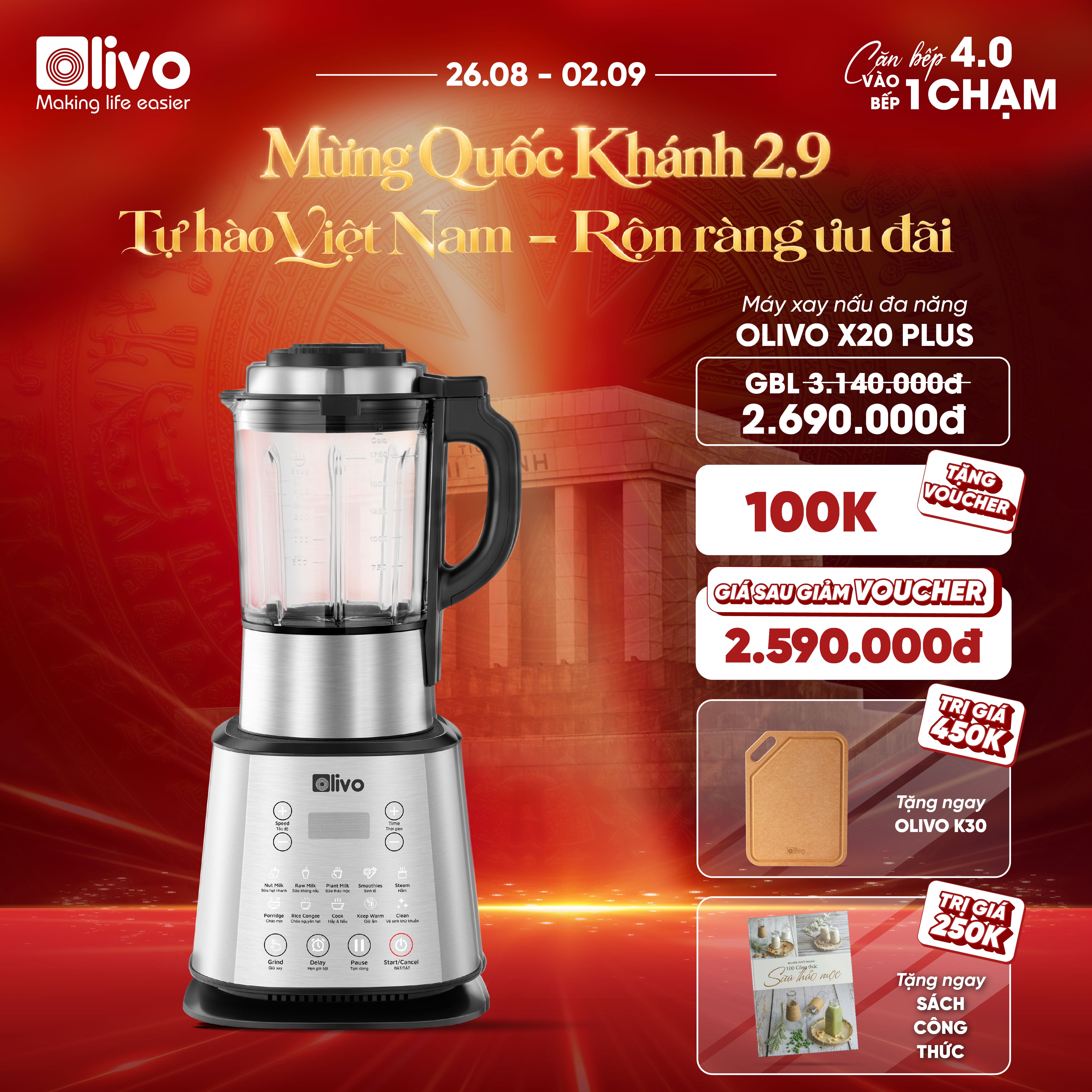 Máy Làm Sữa Hạt OLIVO X20 PLUS Phiên Bản 2023 - Đa Chức Năng - Tạm Dừng Thông Minh - Vệ Sinh Khử Khuẩn - Chống Trào Hiệu Quả - Công Suất 2000W