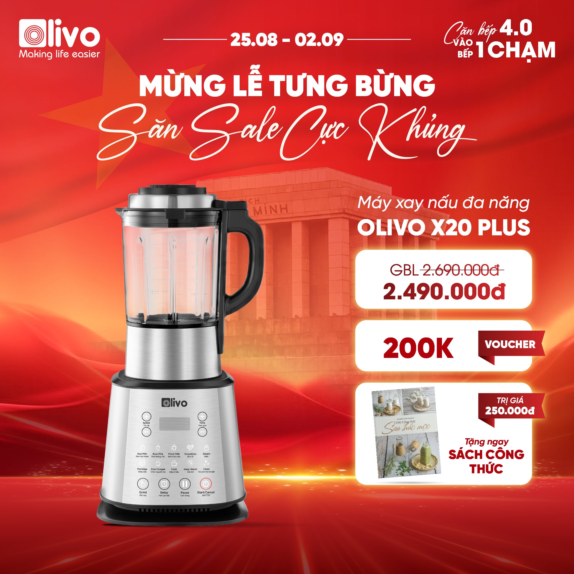 Máy Làm Sữa Hạt OLIVO X20 PLUS Phiên Bản 2023 - Đa Chức Năng - Tạm Dừng Thông Minh - Vệ Sinh Khử Khuẩn Độc Quyền - Chống Trào Tuyệt Đối - Công Suất 2000W