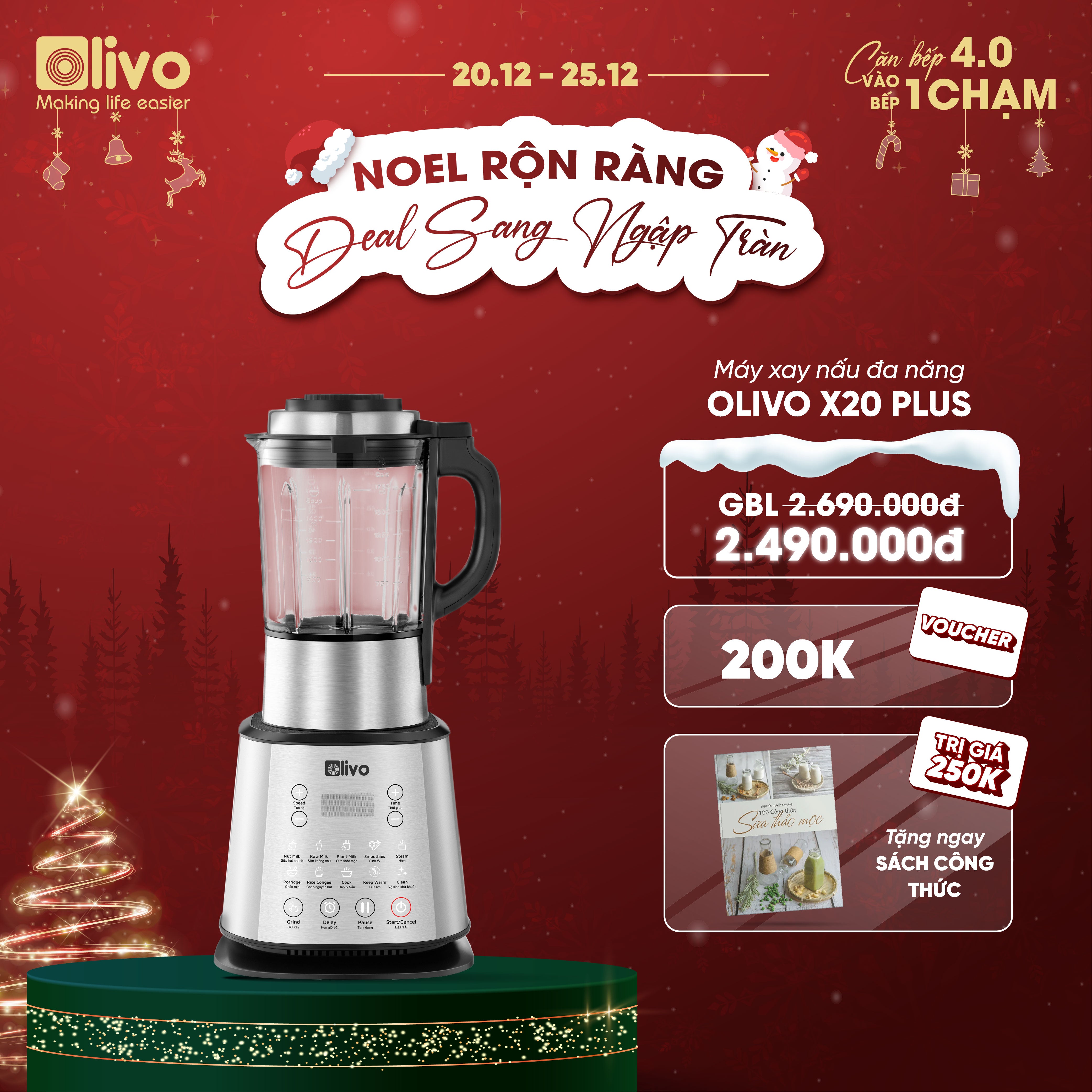 Máy Làm Sữa Hạt OLIVO X20 PLUS Phiên Bản 2023 - Đa Chức Năng - Tạm Dừng Thông Minh - Vệ Sinh Khử Khuẩn Độc Quyền - Chống Trào Tuyệt Đối - Công Suất 2000W