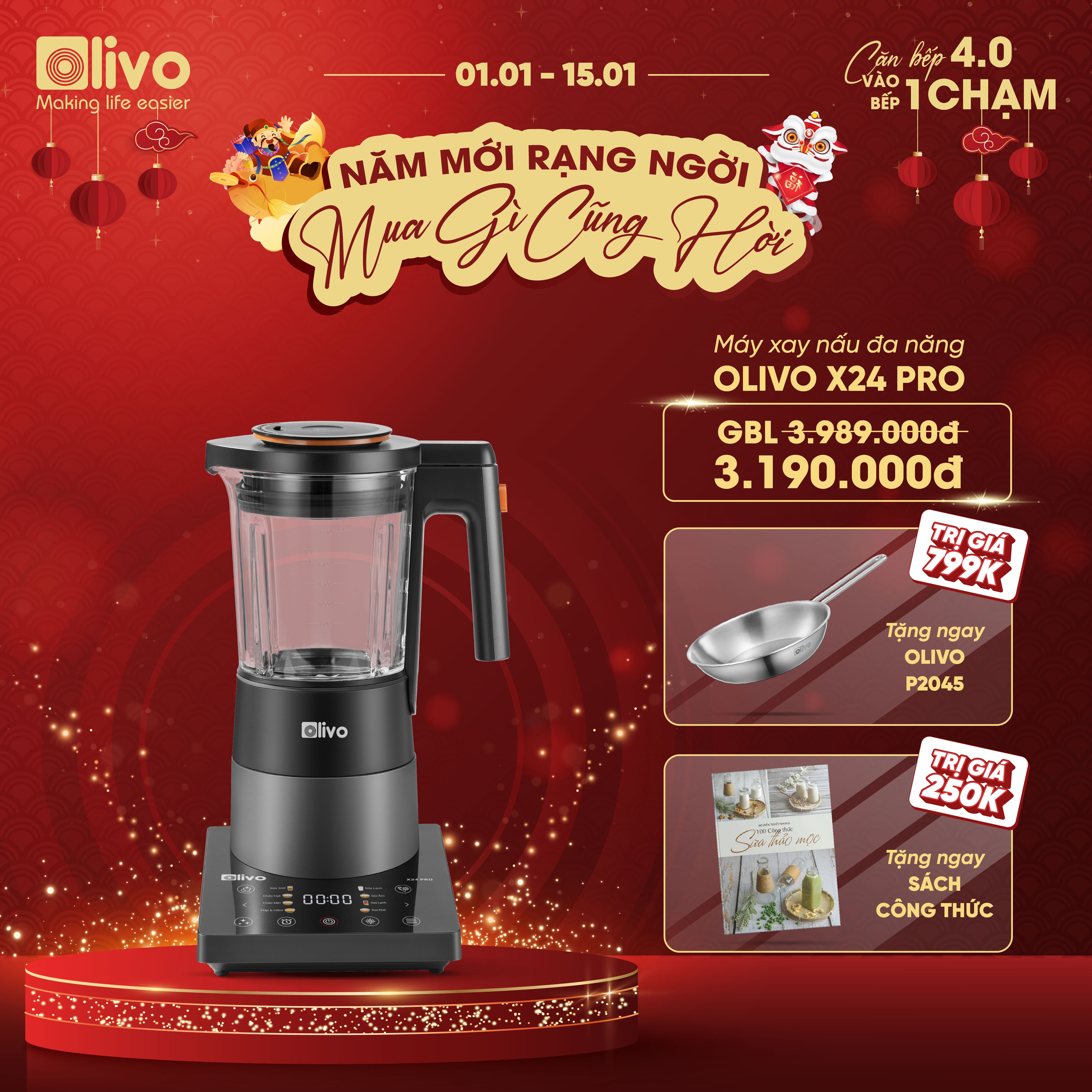 Máy Xay Nấu Đa Năng OLIVO X24 PRO - Đa Chức Năng - Chống Trào Tuyệt Đối    - Mâm Nhiệt Gốm Chống Dính