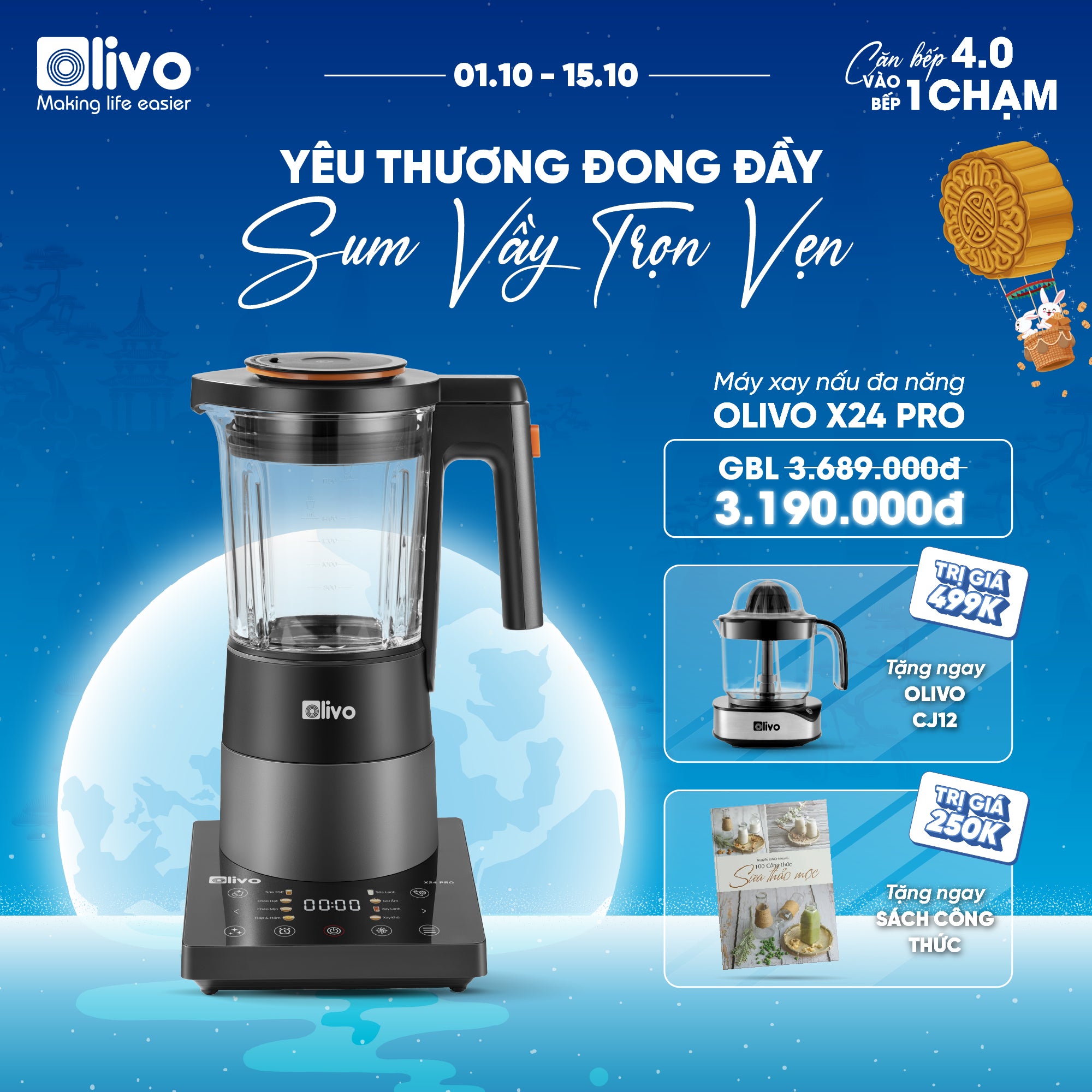 Máy Xay Nấu Đa Năng OLIVO X24 PRO - Đa Chức Năng - Chống Trào Tuyệt Đối    - Mâm Nhiệt Gốm Chống Dính