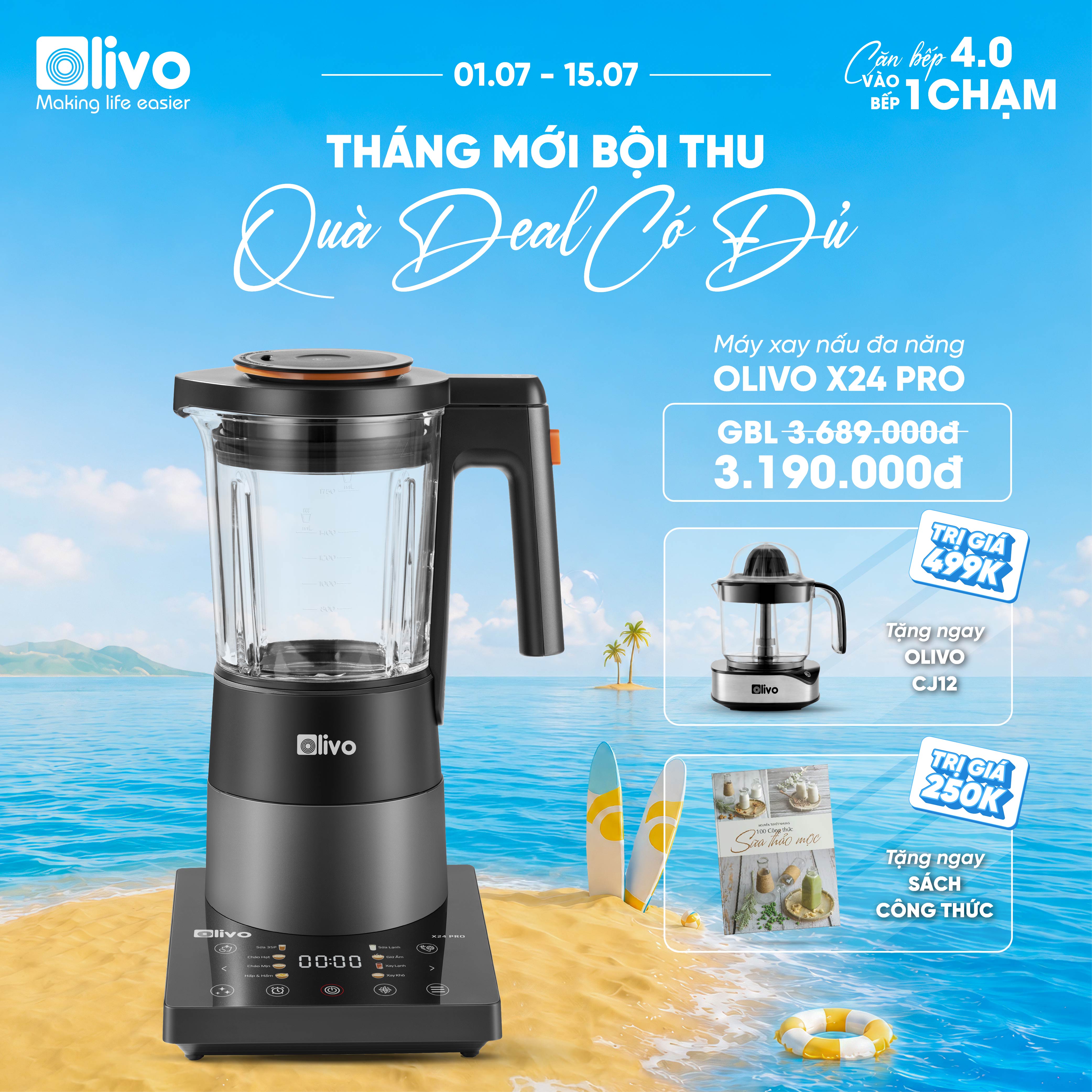 Máy Xay Nấu Đa Năng OLIVO X24 PRO - Đa Chức Năng - Chống Trào Tuyệt Đối    - Mâm Nhiệt Gốm Chống Dính