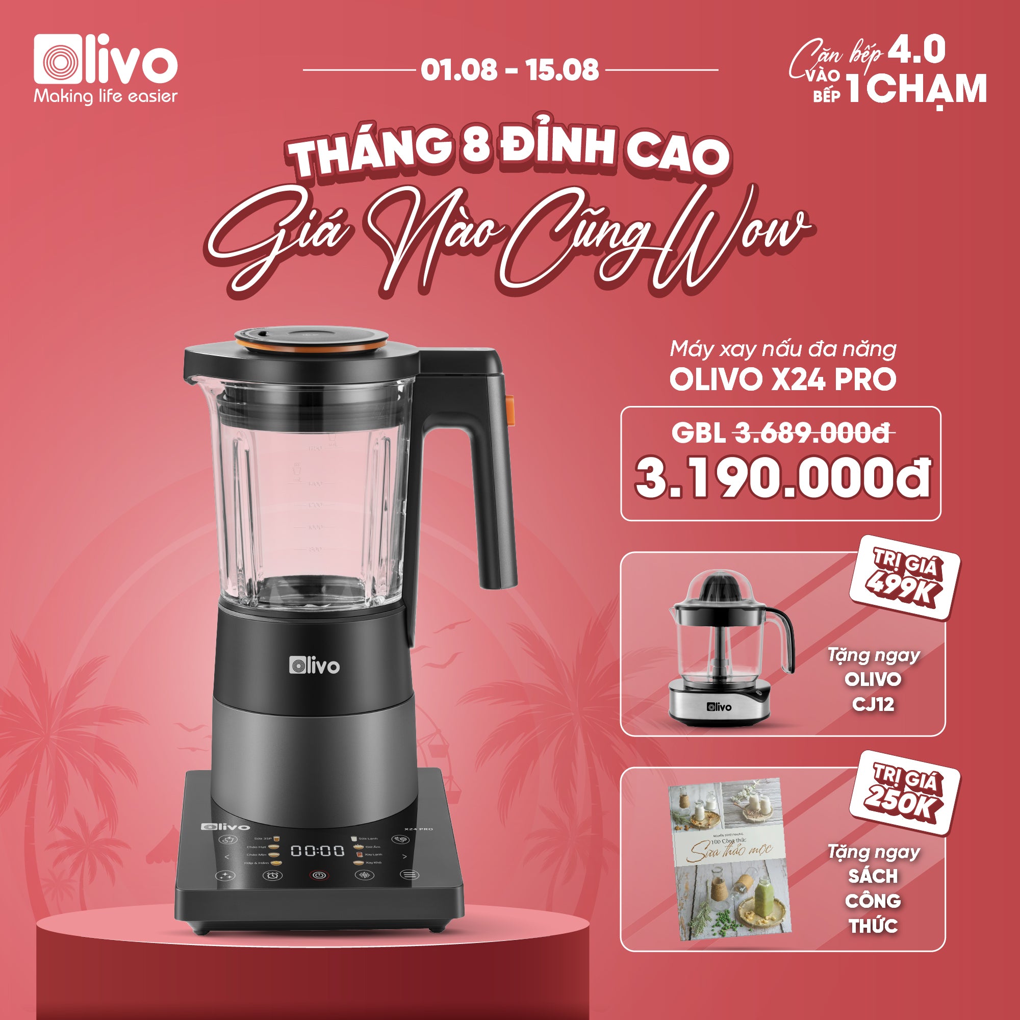 Máy Xay Nấu Đa Năng OLIVO X24 PRO - Đa Chức Năng - Chống Trào Tuyệt Đối    - Mâm Nhiệt Gốm Chống Dính