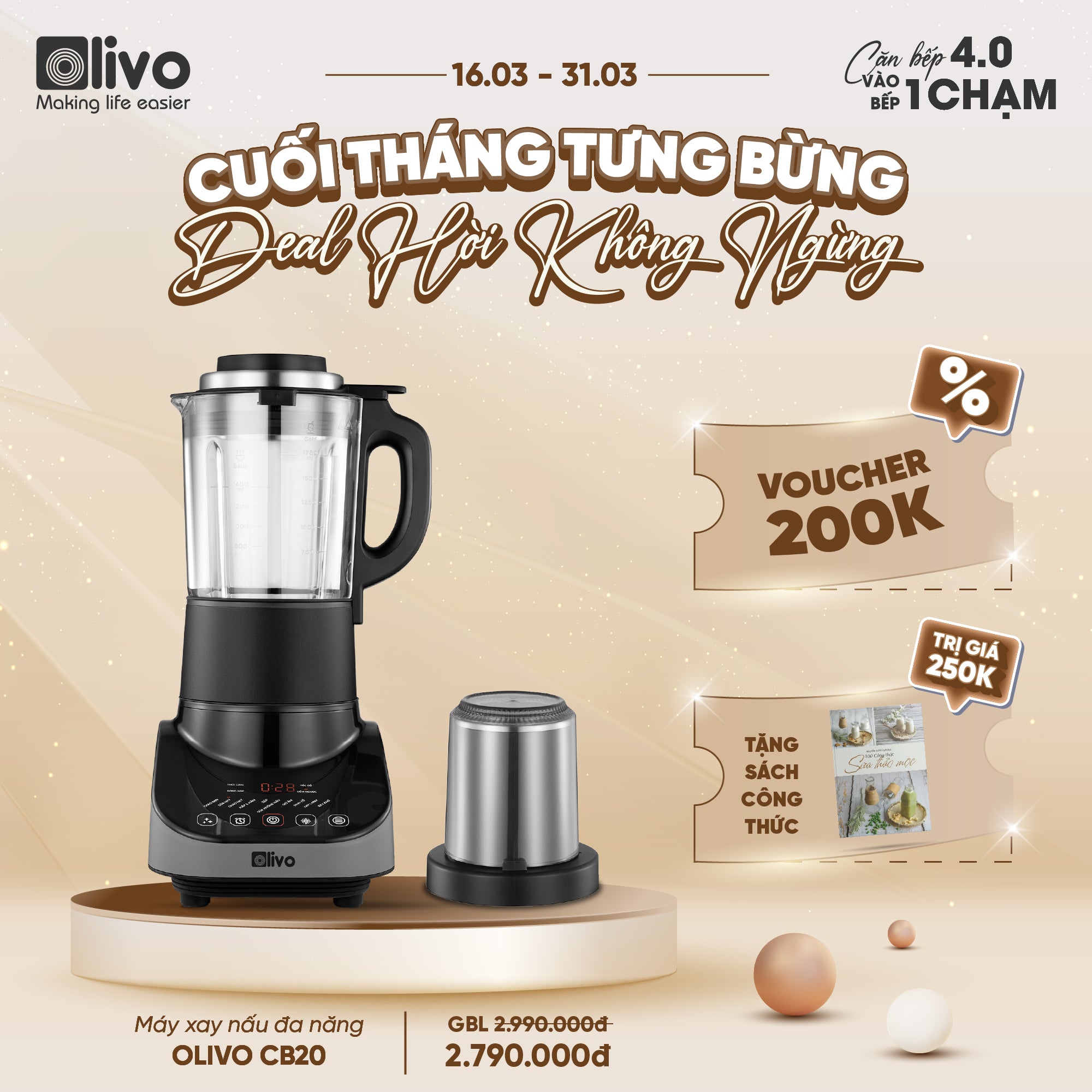 Máy Xay Nấu Đa Năng OLIVO CB20 - Độ Ồn Thấp Nhất - Chống Trào Tuyệt Đối - Vệ Sinh Khử Khuẩn -  Chống Dính Gốm
