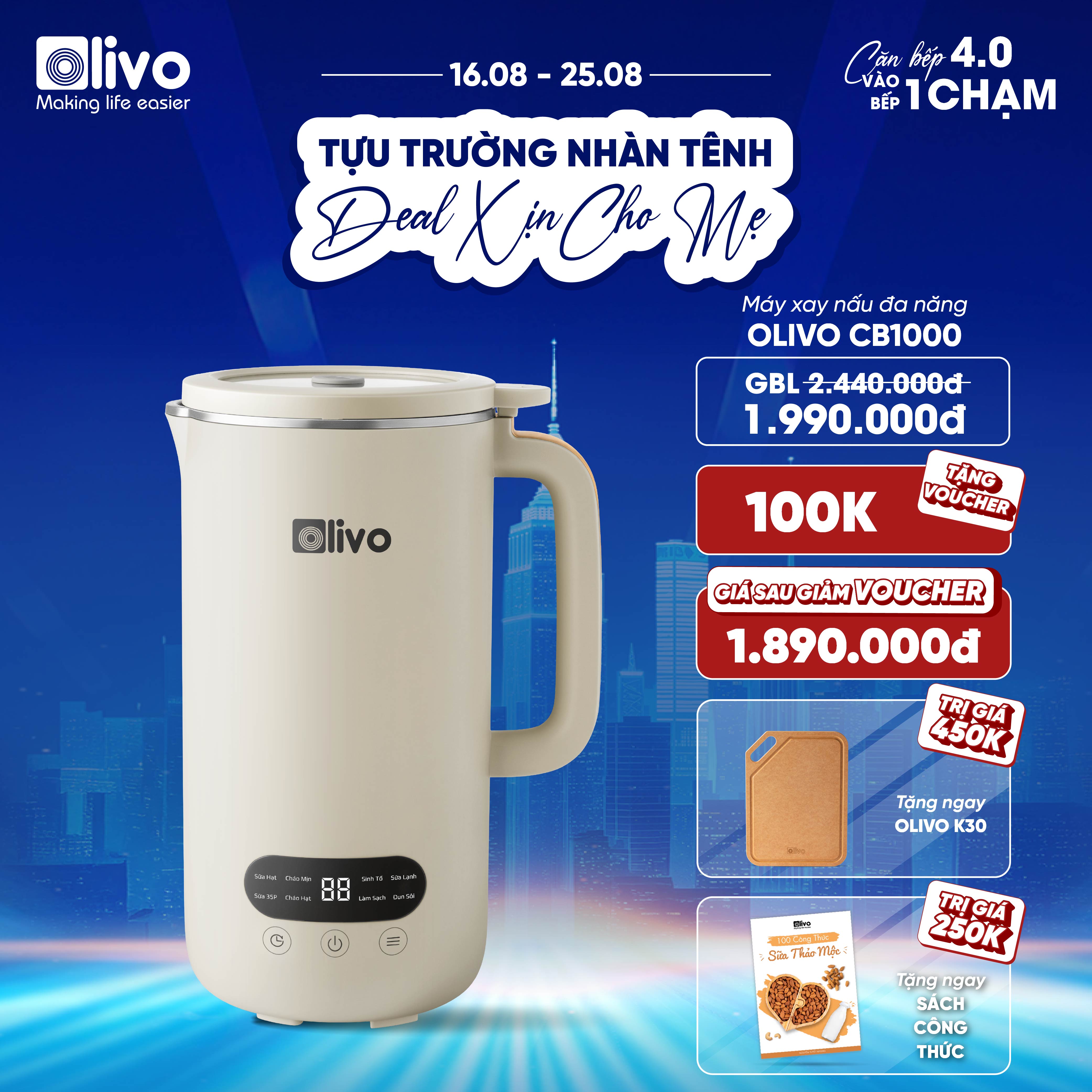 Máy Xay Nấu Đa Năng OLIVO CB1000 - Dung Tích 1L, Nắp INOX Kết Hợp Kính Cường Lực, Công Suất 880W, 9 Chế Độ, Chống Trào Hiệu Quả