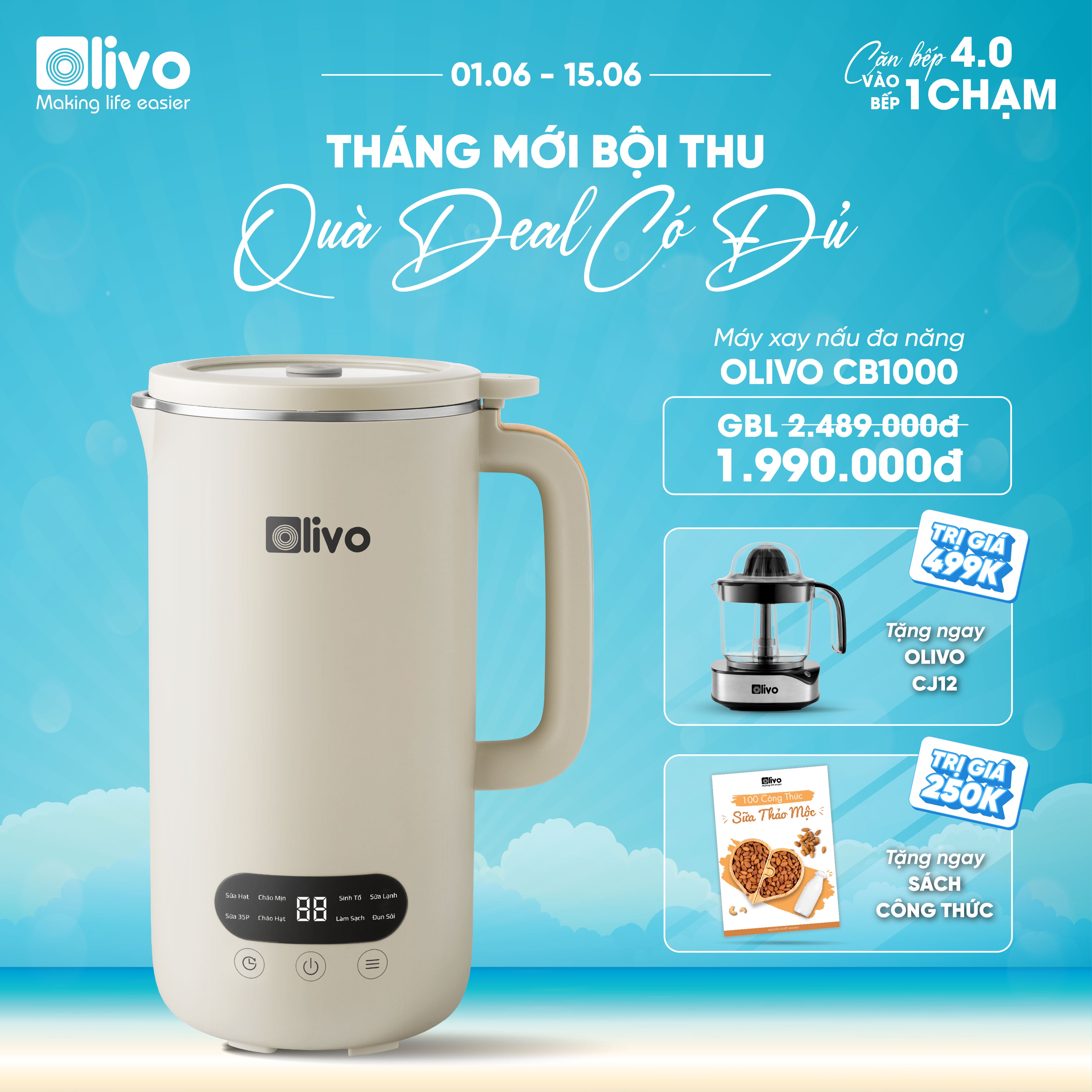 Máy Xay Nấu Đa Năng OLIVO CB1000 - Dung Tích 1L, Nắp INOX Kết Hợp Kính Cường Lực Duy Nhất Trên Thị Trường, Công Suất 880W, 9 Chế Độ, Chống Trào Tuyệt Đối