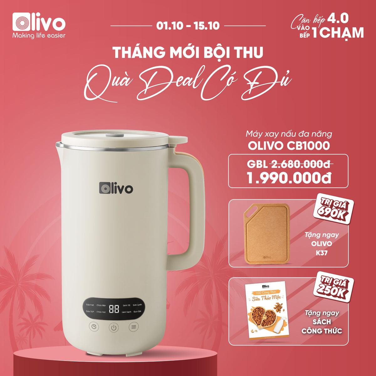 Máy Xay Nấu Đa Năng OLIVO CB1000 - Dung Tích 1L, Nắp INOX Kết Hợp Kính Cường Lực, Công Suất 880W, 9 Chế Độ, Chống Trào Hiệu Quả