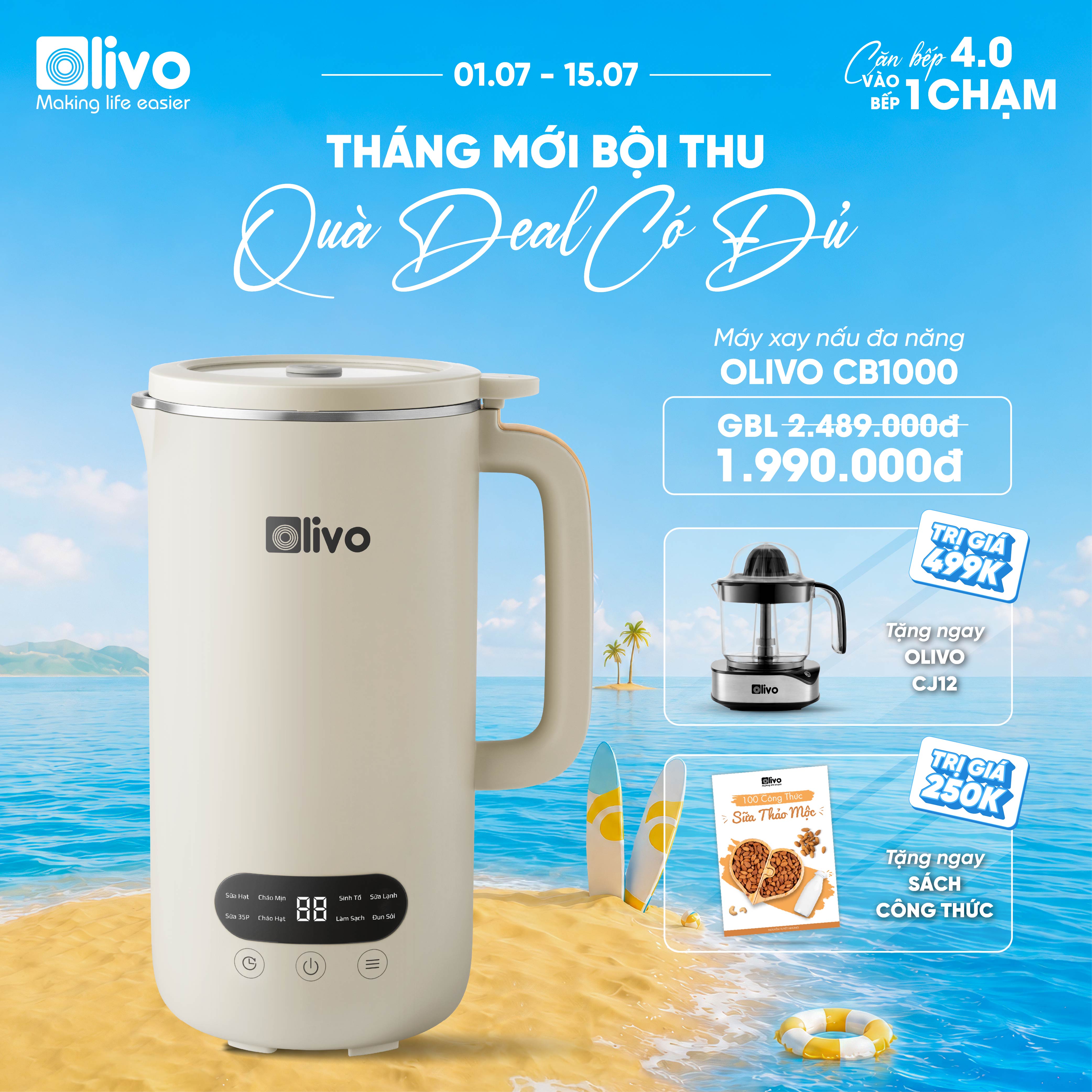 Máy Xay Nấu Đa Năng OLIVO CB1000 - Dung Tích 1L, Nắp INOX Kết Hợp Kính Cường Lực Duy Nhất Trên Thị Trường, Công Suất 880W, 9 Chế Độ, Chống Trào Tuyệt Đối