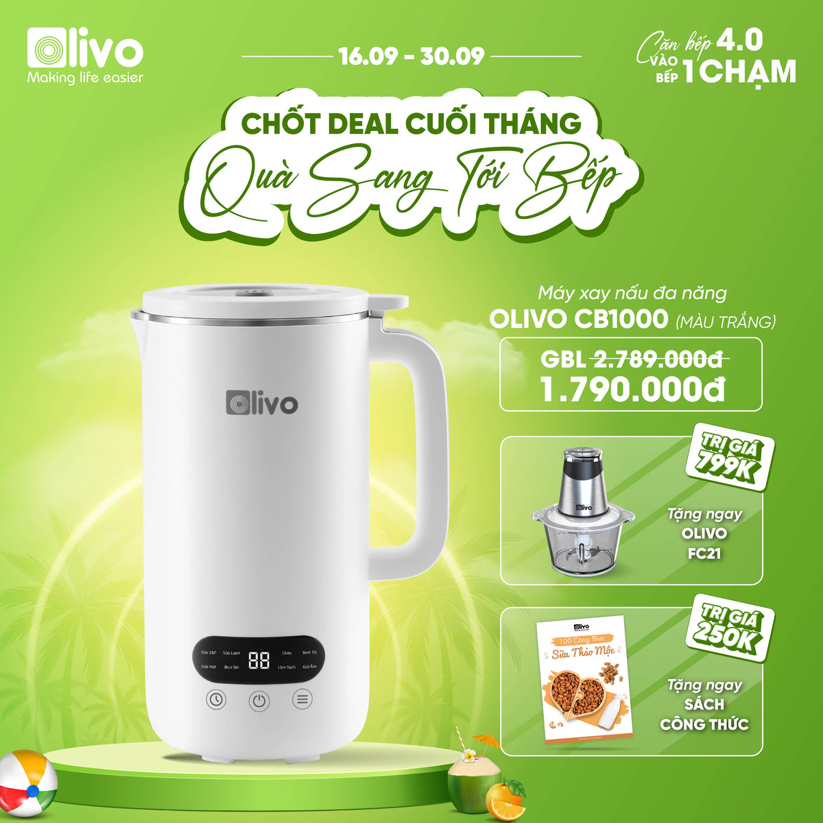 Máy Xay Nấu Đa Năng OLIVO CB1000 - Dung Tích 1L - 9 Chế Độ - Lòng Cối Inox 304 - Nắp Kính Cường Lực - Công Suất 880W - Chống Trào Hiệu Quả