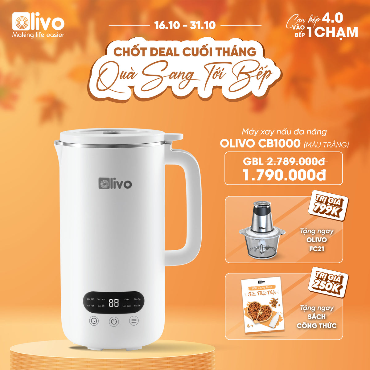 Máy Xay Nấu Đa Năng OLIVO CB1000 - Dung Tích 1L - 9 Chế Độ - Lòng Cối Inox 304 - Nắp Kính Cường Lực - Công Suất 880W - Chống Trào Hiệu Quả