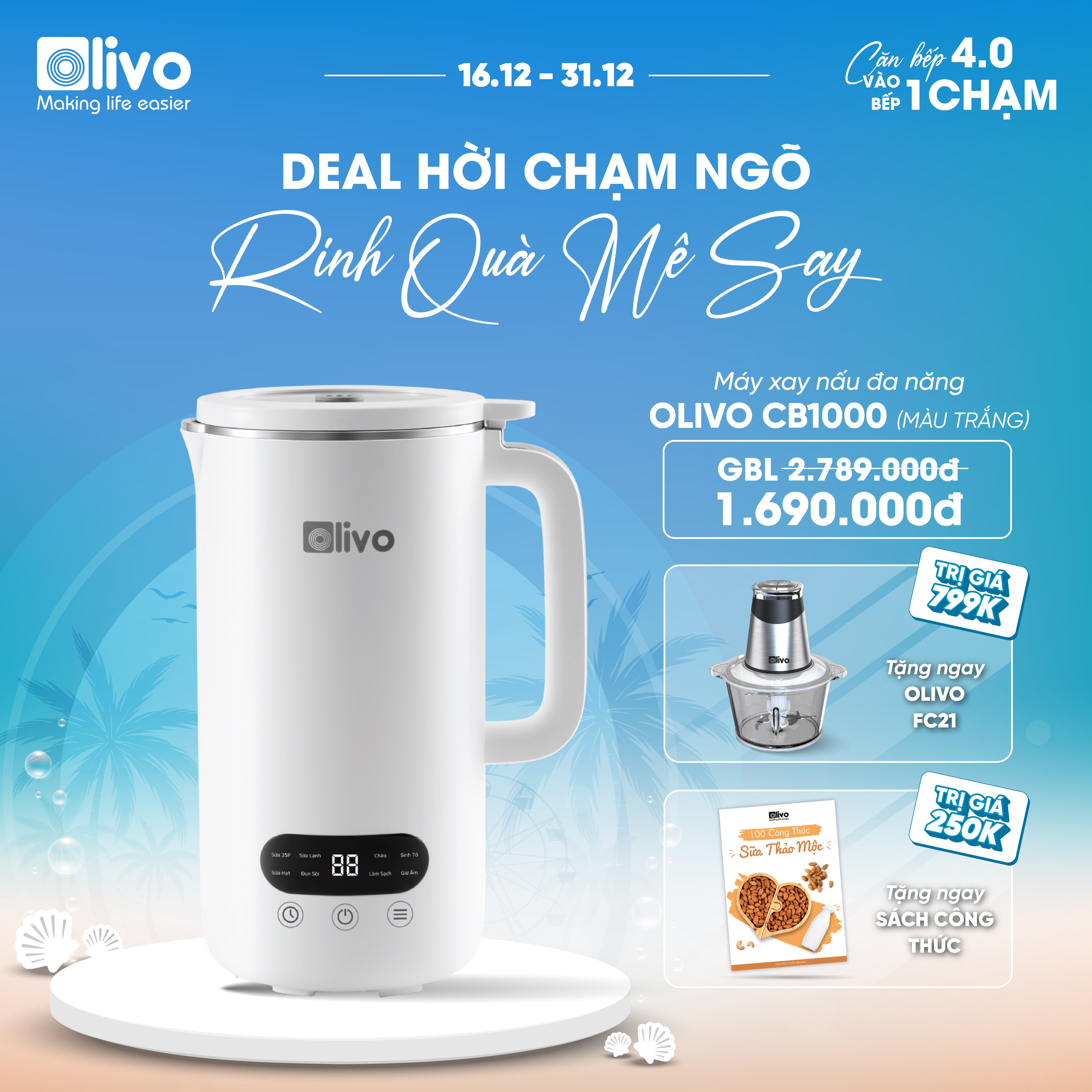 Máy Xay Nấu Đa Năng OLIVO CB1000 - Dung Tích 1L - 9 Chế Độ - Lòng Cối Inox 304 - Nắp Kính Cường Lực - Công Suất 880W - Chống Trào Tuyệt Đối