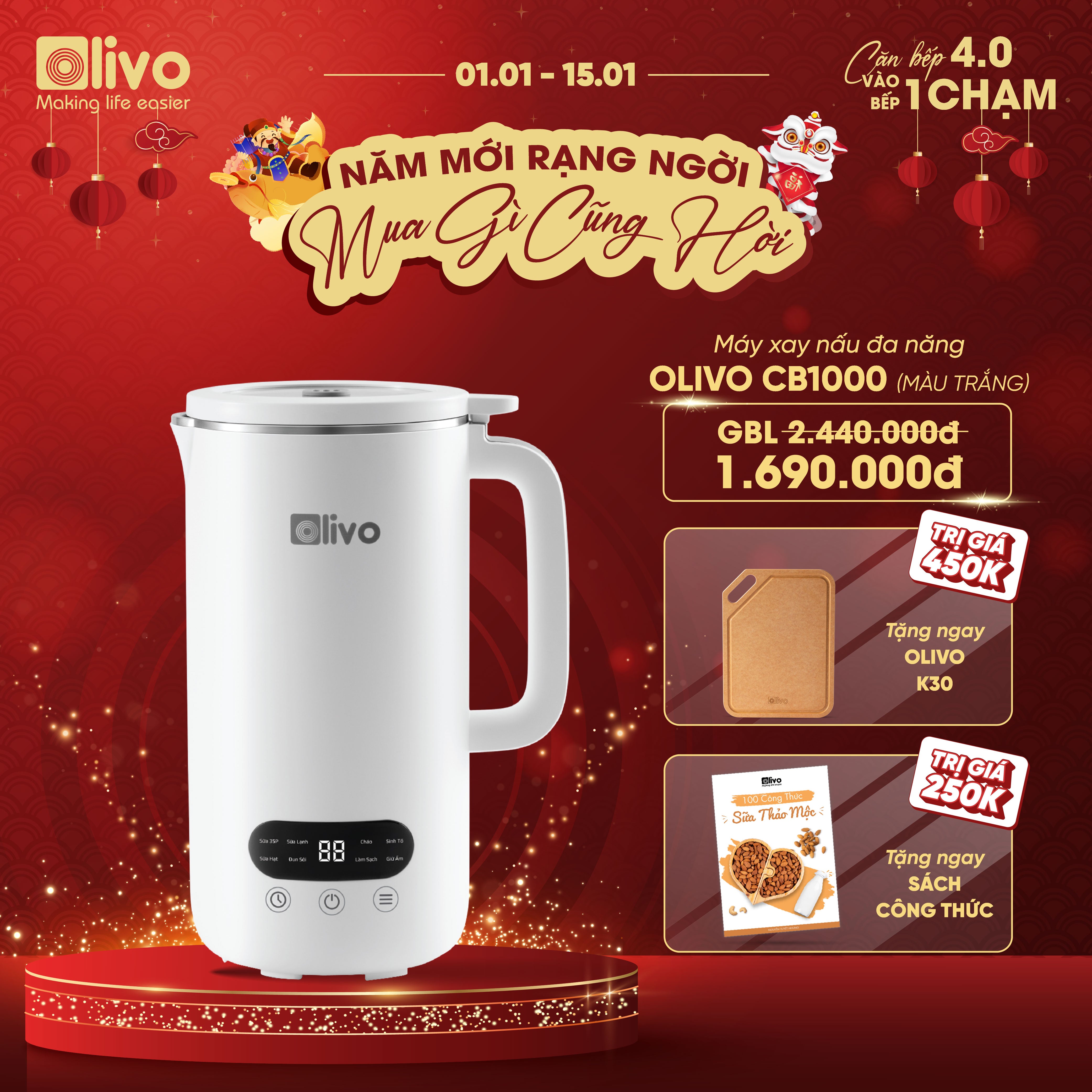 Máy Xay Nấu Đa Năng OLIVO CB1000 - Dung Tích 1L - 9 Chế Độ - Lòng Cối Inox 304 - Nắp Kính Cường Lực - Công Suất 880W - Chống Trào Tuyệt Đối