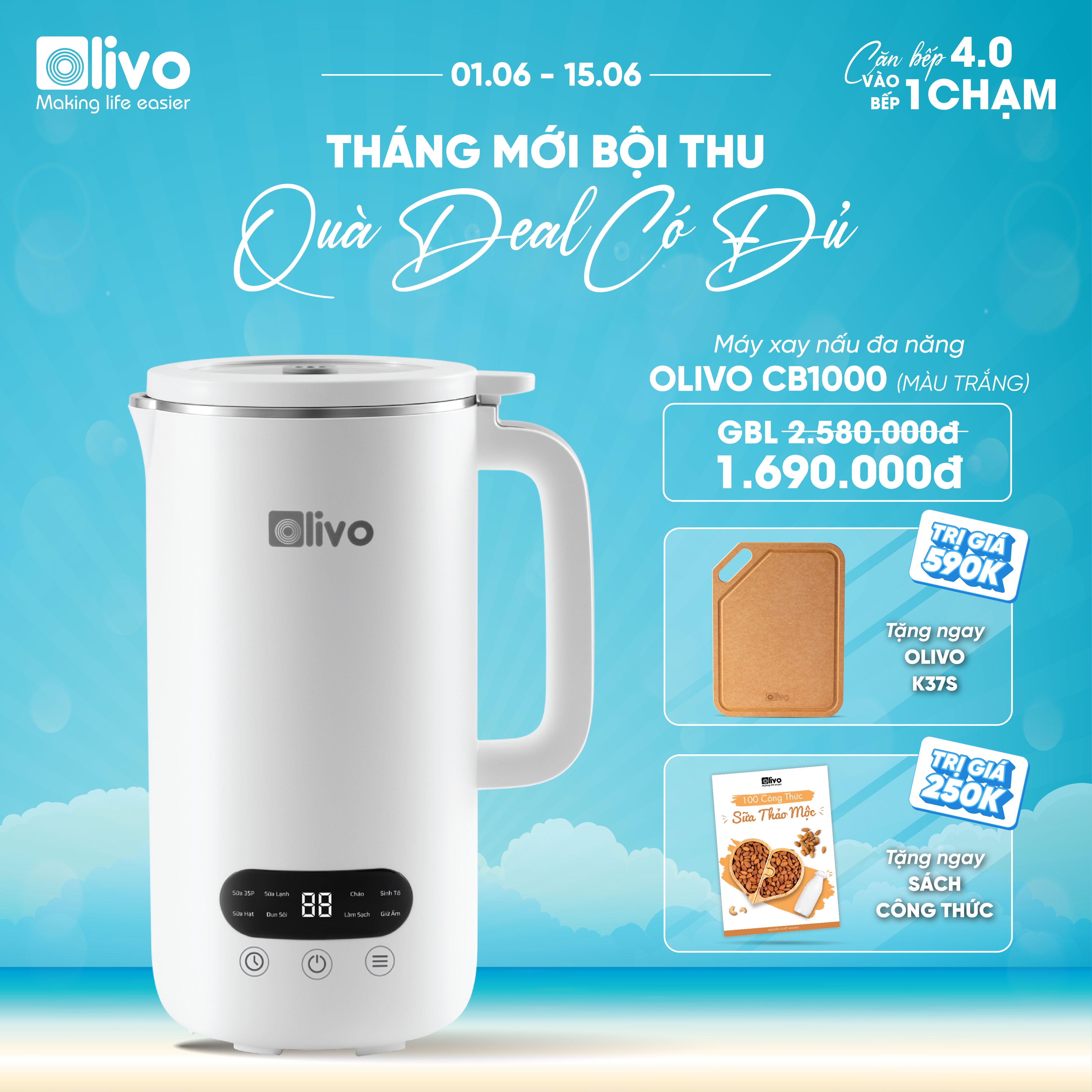 Máy Xay Nấu Đa Năng OLIVO CB1000 - Dung Tích 1L - 9 Chế Độ - Lòng Cối Inox 304 - Nắp Kính Cường Lực - Công Suất 880W - Chống Trào Tuyệt Đối