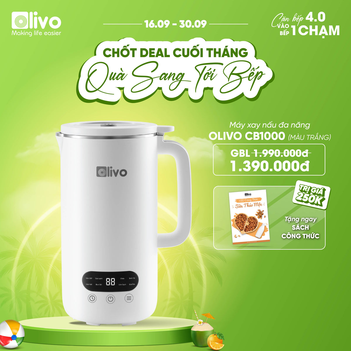 Máy Xay Nấu Đa Năng OLIVO CB1000 - Dung Tích 1L - 9 Chế Độ - Lòng Cối Inox 304 - Nắp Kính Cường Lực - Công Suất 880W - Chống Trào Hiệu Quả