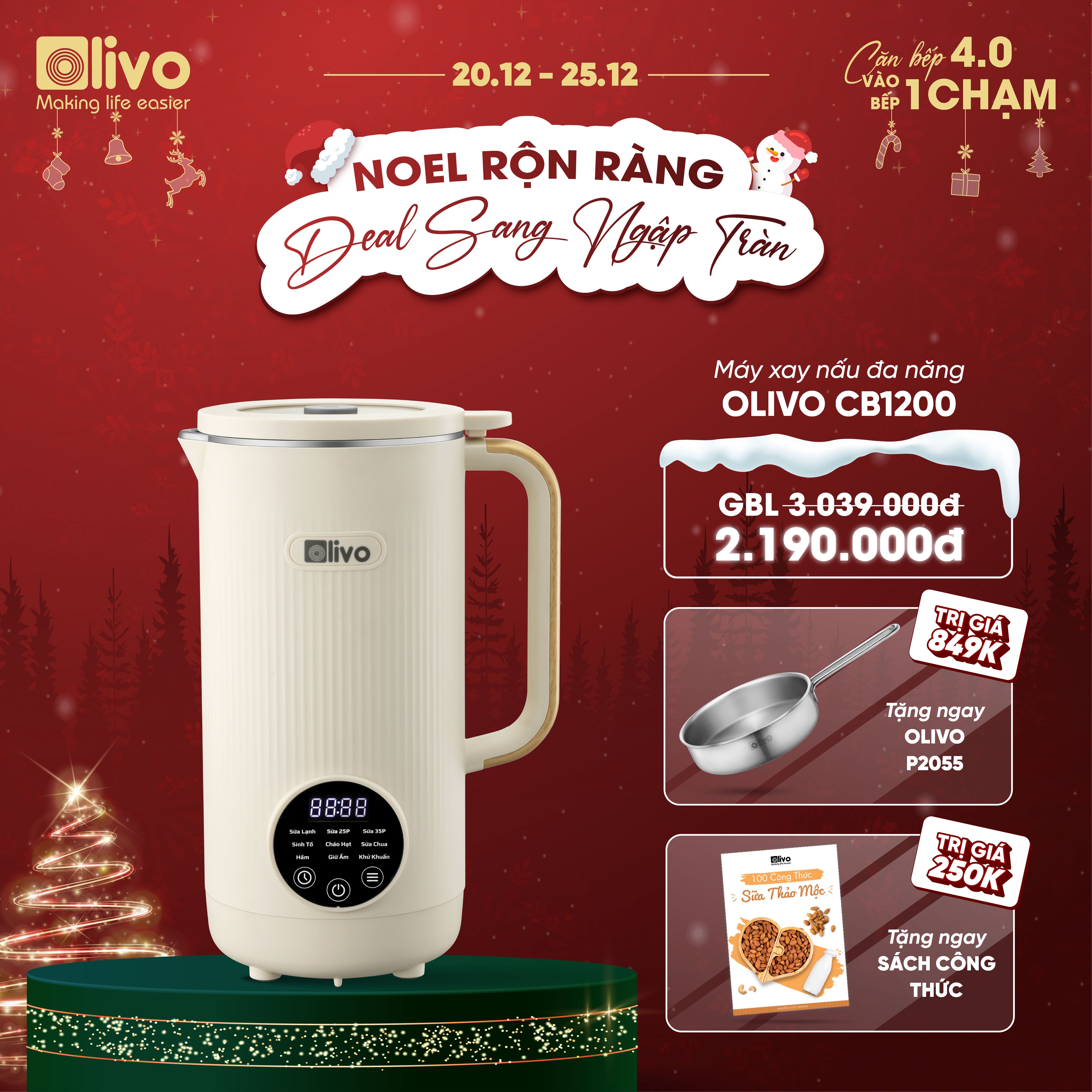 Máy Xay Nấu Đa Năng OLIVO CB1200 - Dung Tích 1.2L - Nắp INOX 304 Kết Hợp Kính Cường Lực - 10 Chế Độ, Khử Khuẩn, Chống Trào Tuyệt Đối