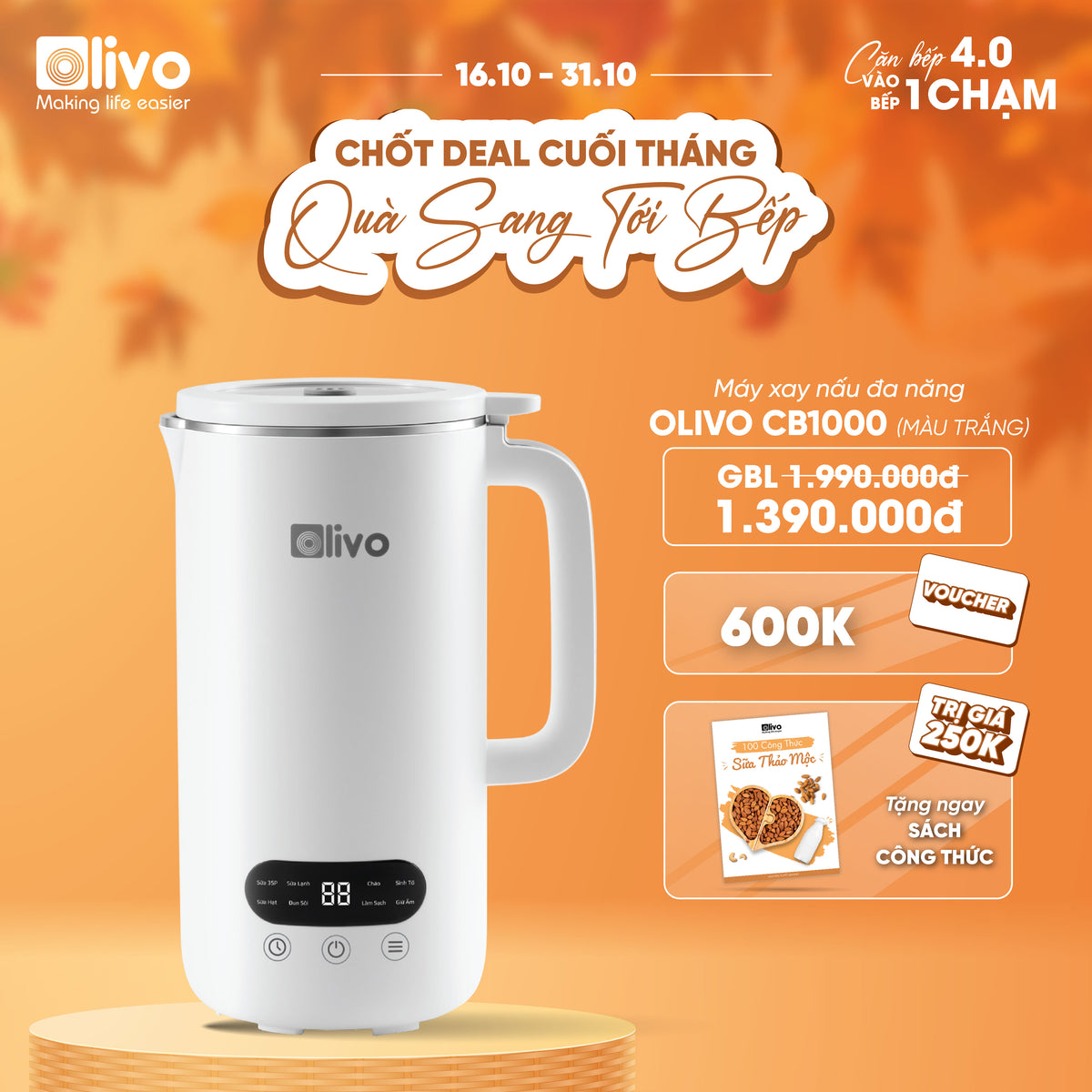 Máy Xay Nấu Đa Năng OLIVO CB1000 - Dung Tích 1L - 9 Chế Độ - Lòng Cối Inox 304 - Nắp Kính Cường Lực - Công Suất 880W - Chống Trào Hiệu Quả