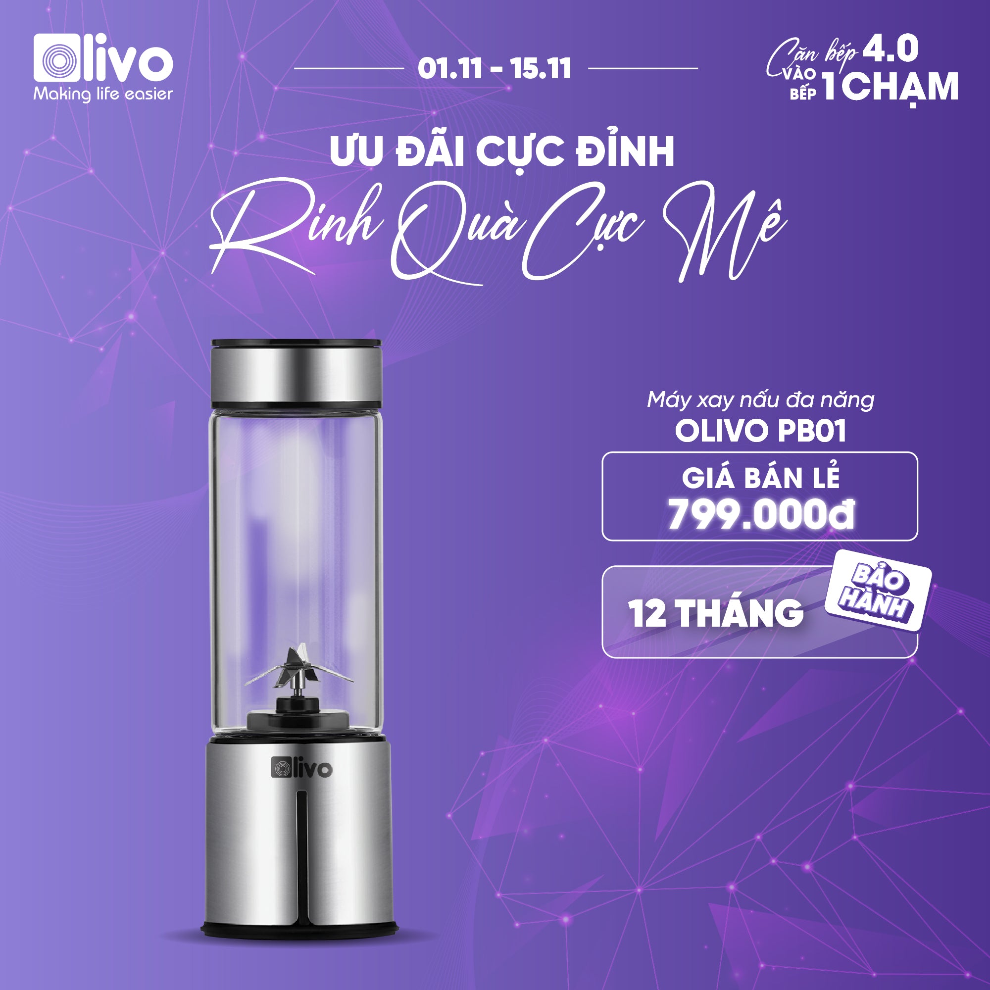Máy Xay Sinh Tố Cầm Tay OLIVO PB01 – Xay Được Đá Viên, Sạc Pin Sử Dụng Không Cần Dây – Nhỏ Gọn, Cao Cấp, Tiện Lợi, Dung Tích 450ML