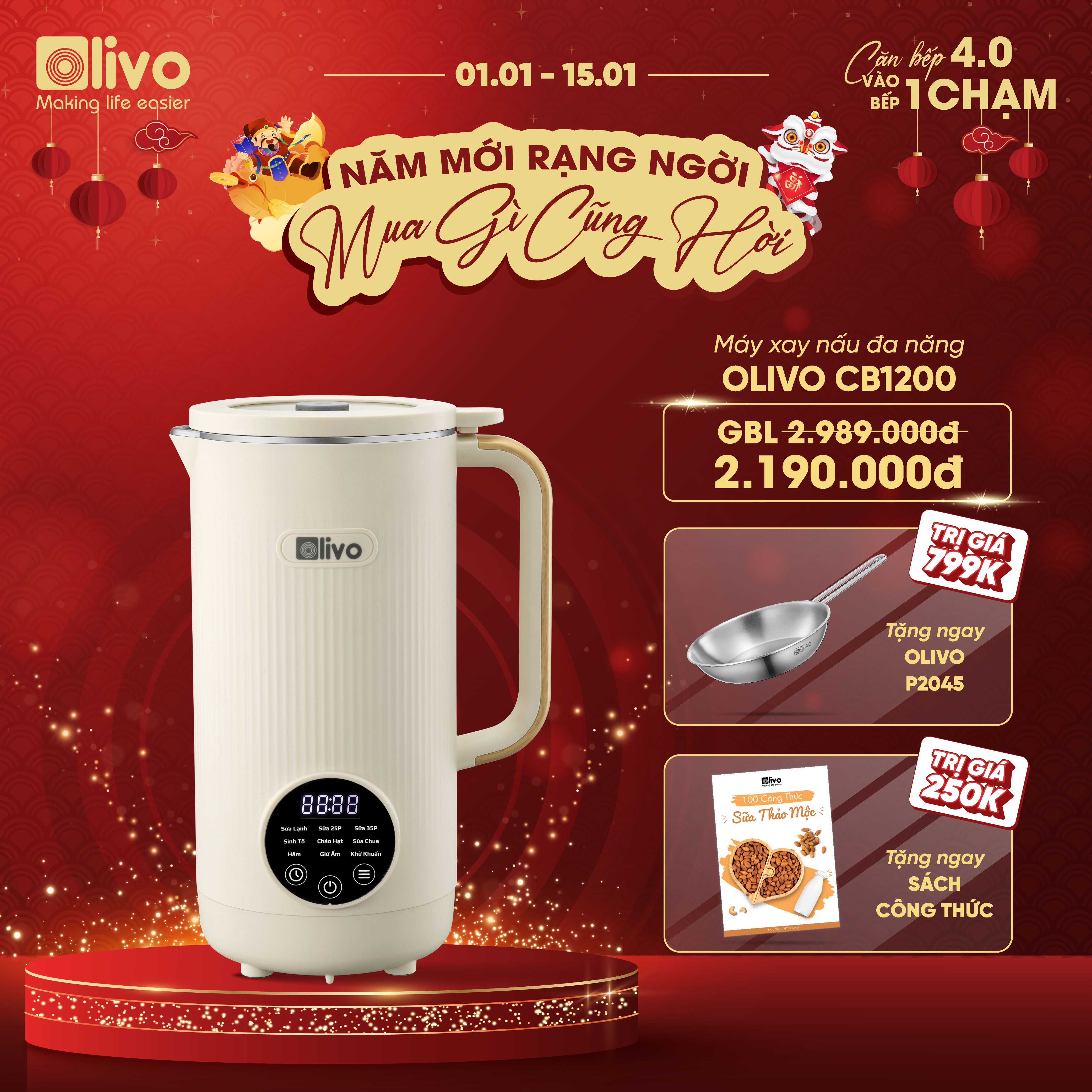 Máy Xay Nấu Đa Năng OLIVO CB1200 - Dung Tích 1.2L - Nắp INOX 304 Kết Hợp Kính Cường Lực - 10 Chế Độ, Khử Khuẩn, Chống Trào Tuyệt Đối