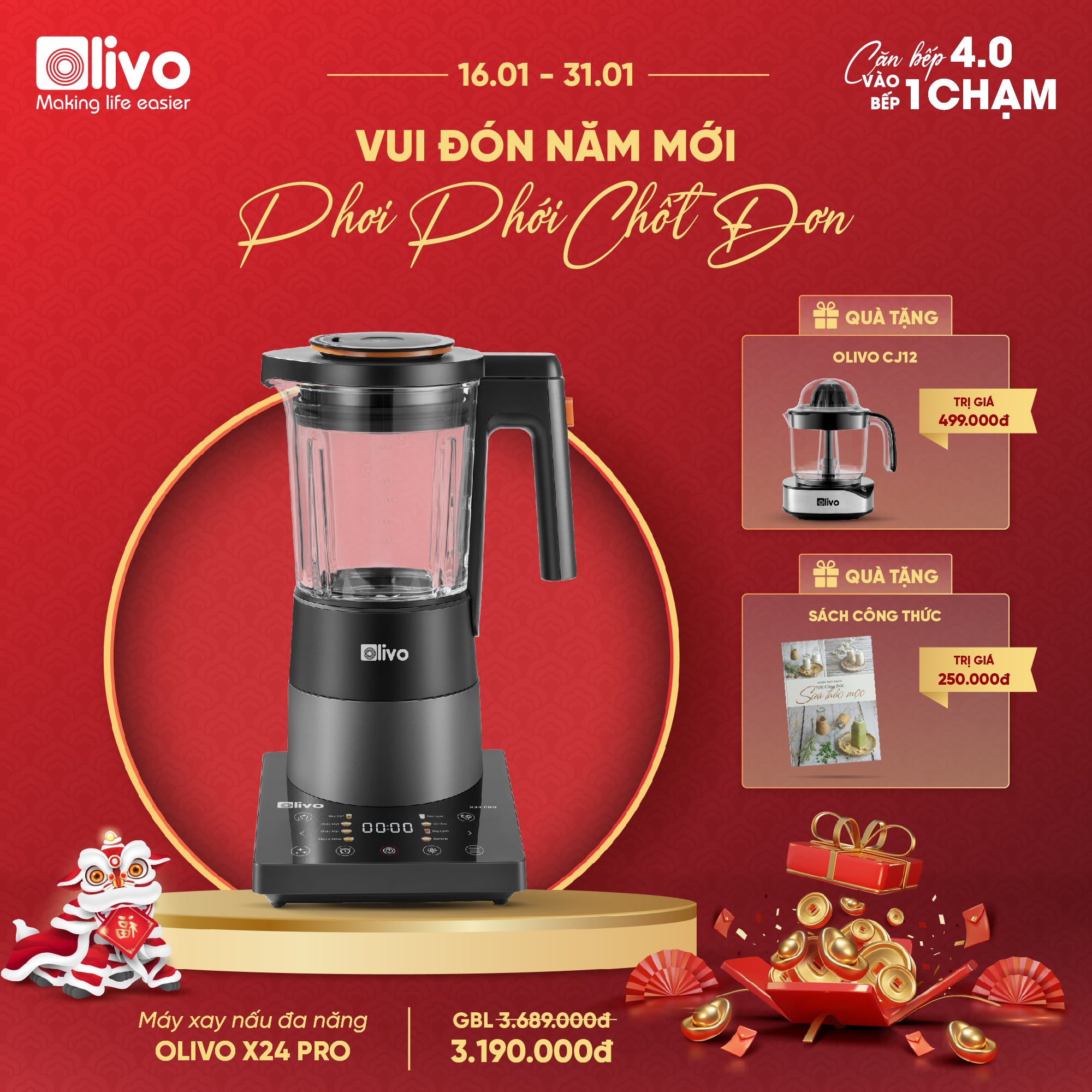 Máy Xay Nấu Đa Năng OLIVO X24 PRO - Đa Chức Năng - Chống Trào Tuyệt Đối    - Mâm Nhiệt Gốm Chống Dính