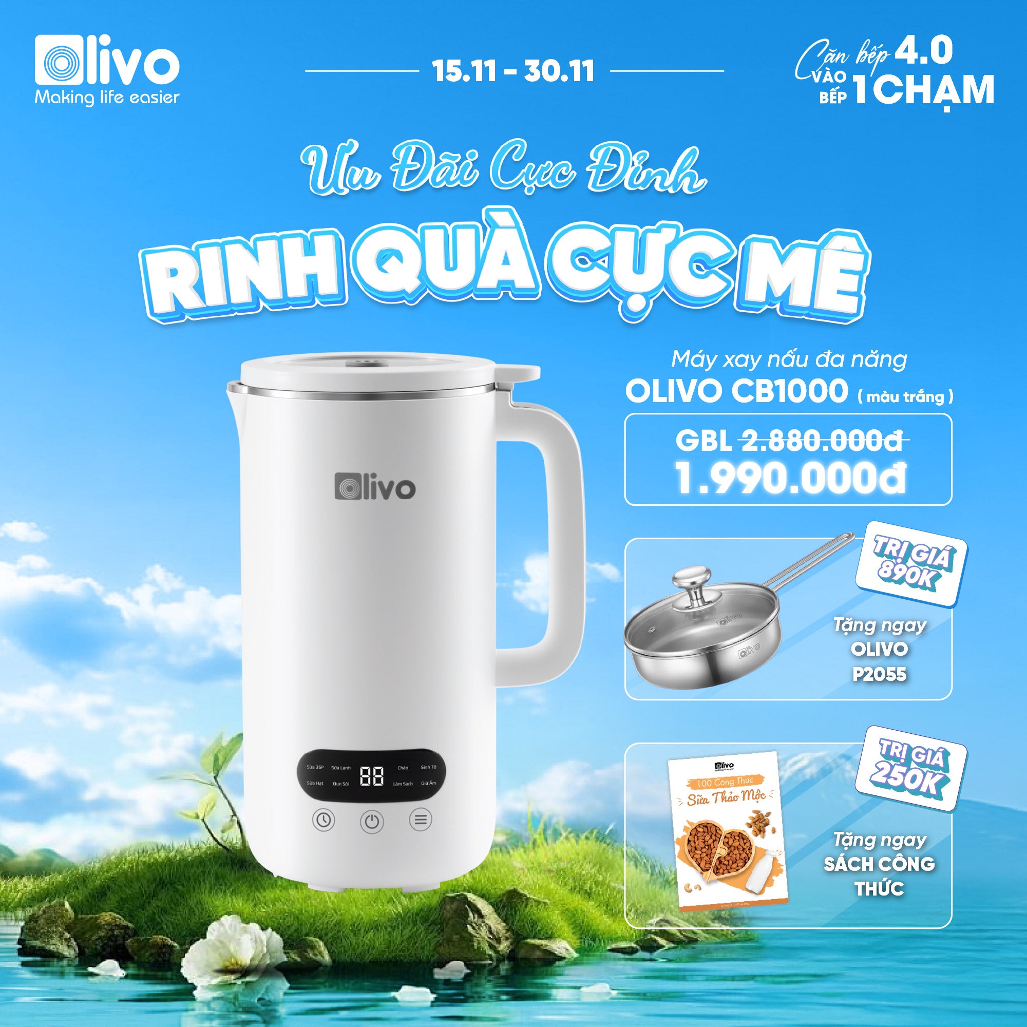 Máy Xay Nấu Đa Năng OLIVO CB1000 - Dung Tích 1L - 9 Chế Độ - Lòng Cối Inox 304 - Nắp Kính Cường Lực - Công Suất 880W - Chống Trào Tuyệt Đối