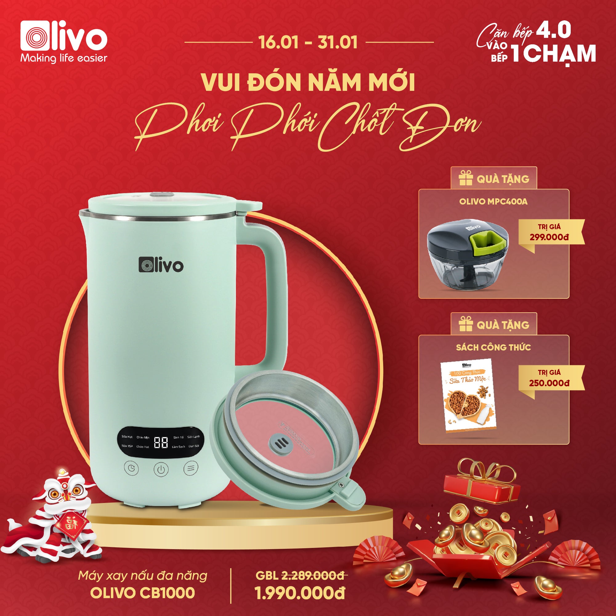 Máy Xay Nấu Đa Năng OLIVO CB1000 - Dung Tích 1L, Nắp INOX Kết Hợp Kính Cường Lực Duy Nhất Trên Thị Trường, Công Suất 880W, 9 Chế Độ, Chống Trào Tuyệt Đối