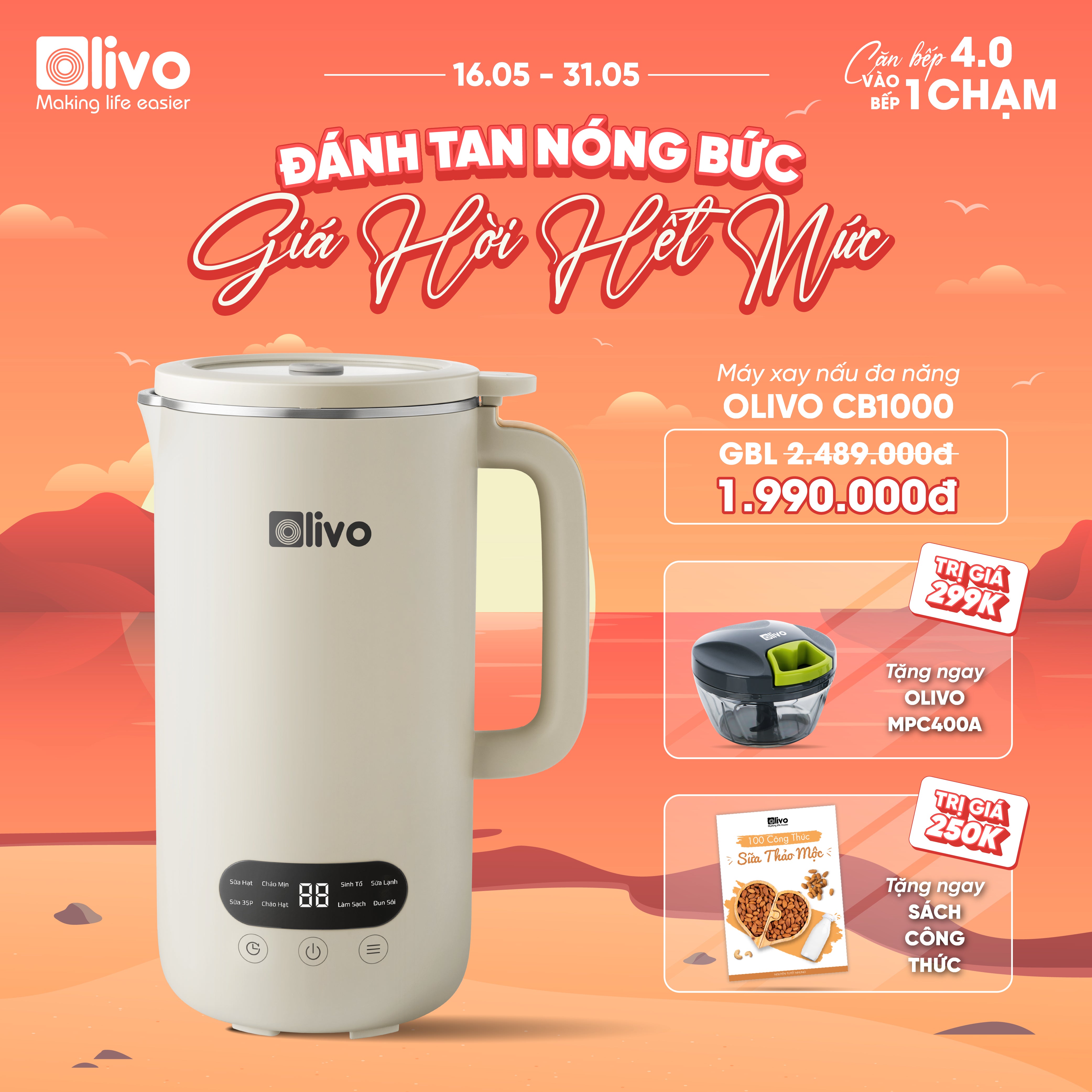 Máy Xay Nấu Đa Năng OLIVO CB1000 - Dung Tích 1L, Nắp INOX Kết Hợp Kính Cường Lực Duy Nhất Trên Thị Trường, Công Suất 880W, 9 Chế Độ, Chống Trào Tuyệt Đối