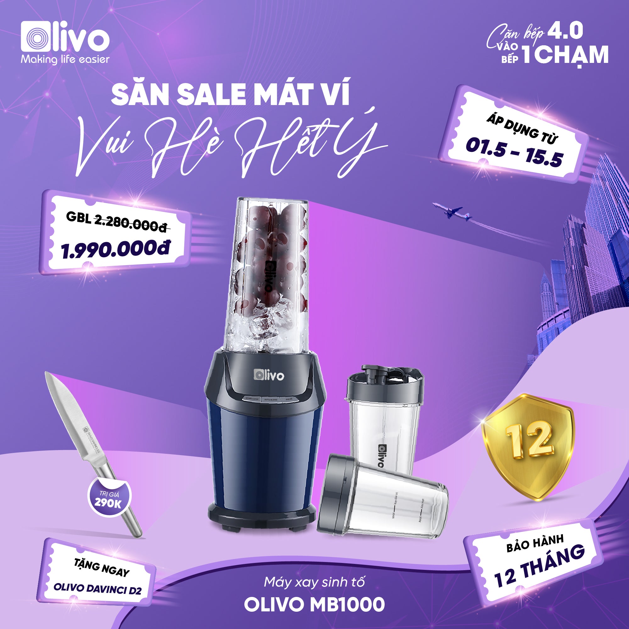 Máy Xay Sinh Tố OLIVO MB1000 - Ba Cốc Xay Linh Hoạt - Xay Đá Bào, Xay Sinh Tố, Smoothie, Đồ Ăn Dặm Cho Bé, Xay Đồ Khô - Công Suất Lớn 1000W