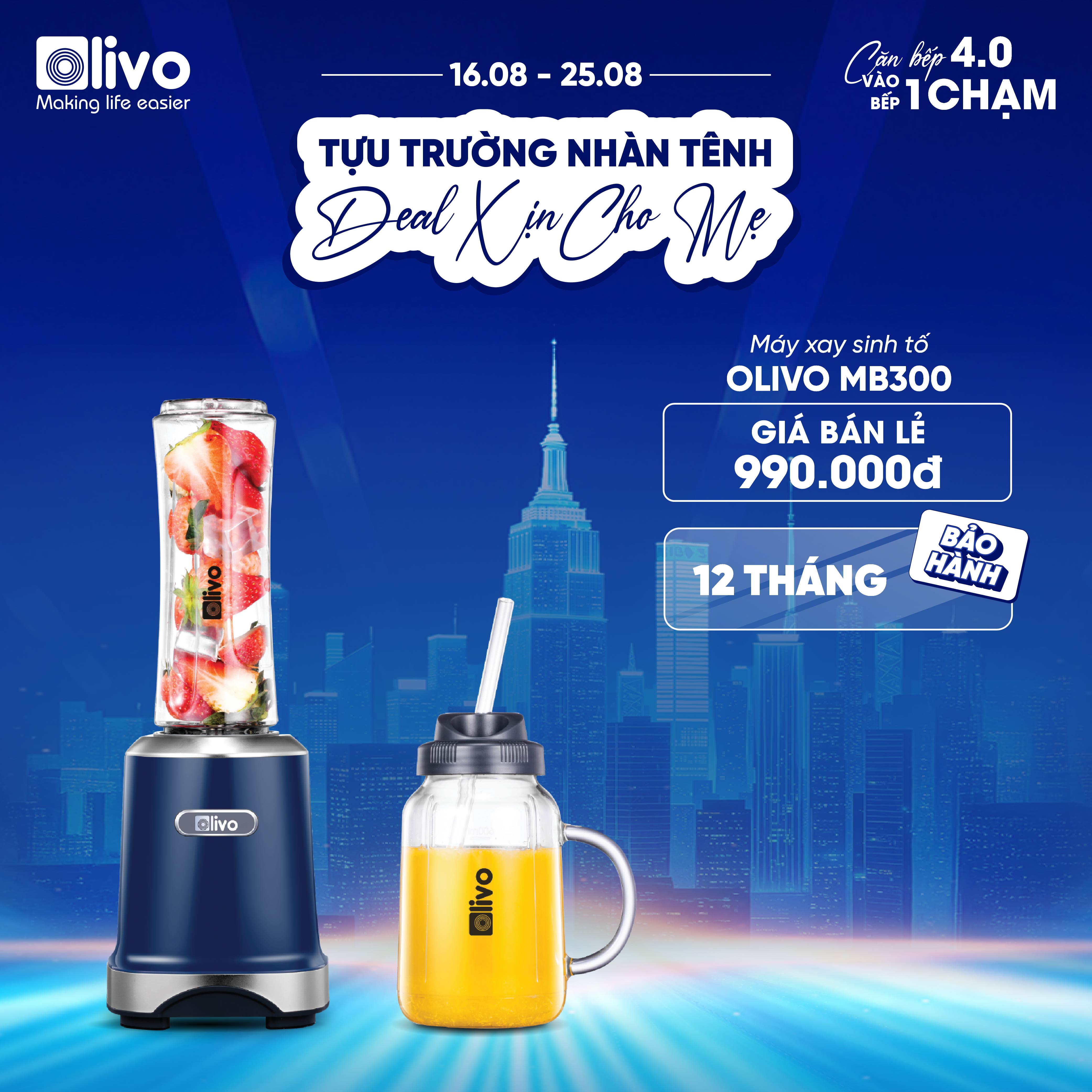 Máy Xay Sinh Tố OLIVO MB300 - 2 Cốc Linh Hoạt - Xay Đá Bào, Sinh Tố, Smoothie - Dung Tích 600ML