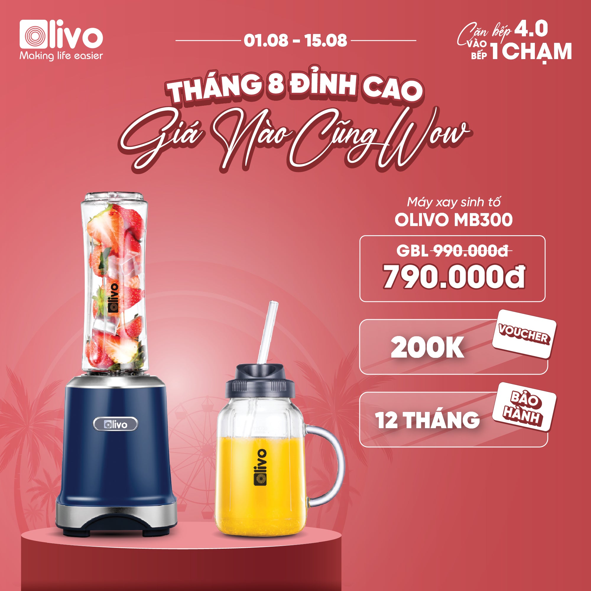 Máy Xay Sinh Tố OLIVO MB300 - 2 Cốc Linh Hoạt - Xay Đá Bào, Sinh Tố, Smoothie - Dung Tích 600ML
