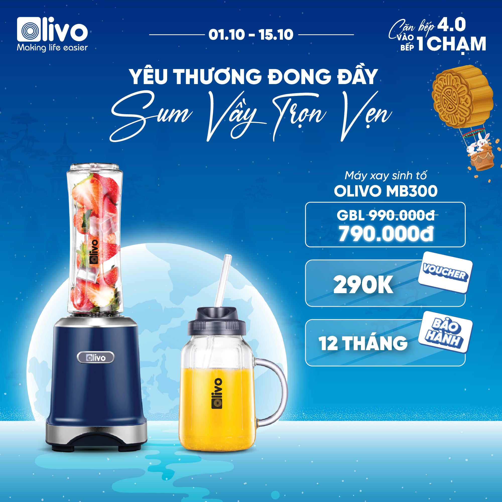 Máy Xay Sinh Tố OLIVO MB300 - 2 Cốc Linh Hoạt - Xay Đá Bào, Sinh Tố, Smoothie - Dung Tích 600ML