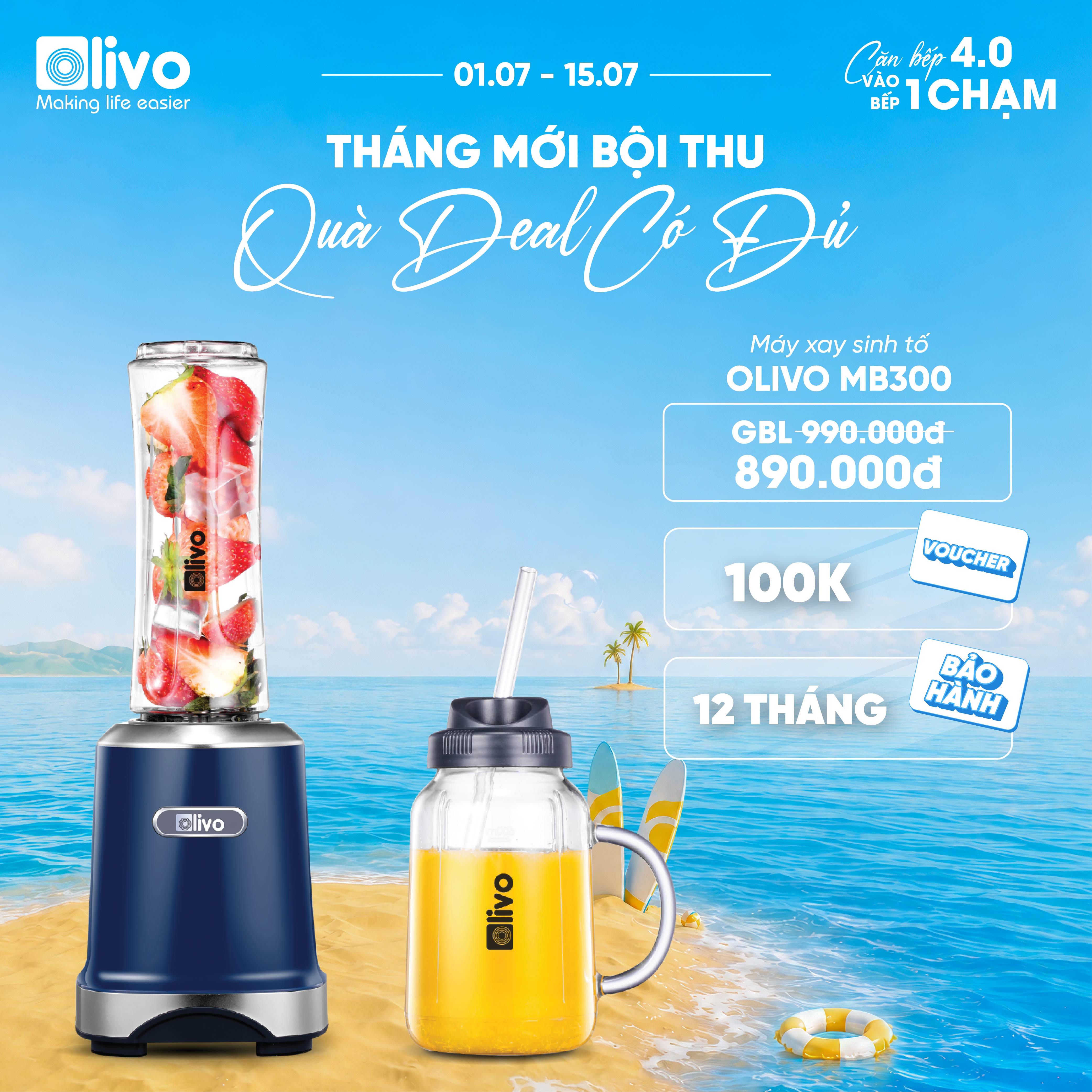 Máy Xay Sinh Tố OLIVO MB300 - 2 Cốc Linh Hoạt - Xay Đá Bào, Sinh Tố, Smoothie - Dung Tích 600ML