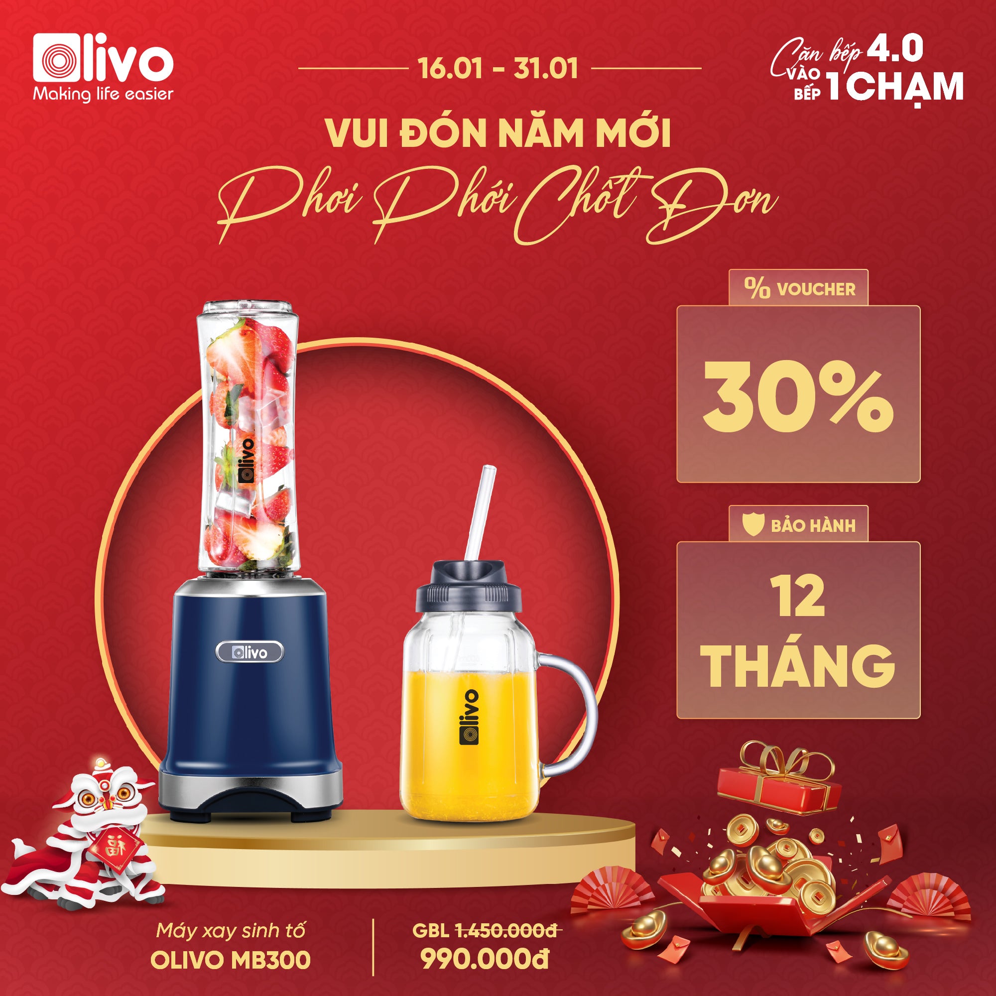 Máy Xay Sinh Tố OLIVO MB300 - 2 Cốc Linh Hoạt - Xay Đá Bào, Sinh Tố, Smoothie - Dung Tích 600ML