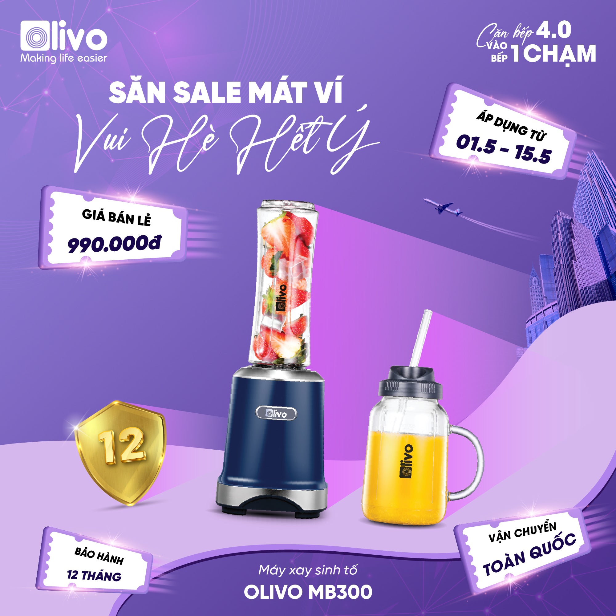 Máy Xay Sinh Tố OLIVO MB300 - 2 Cốc Linh Hoạt - Xay Đá Bào, Sinh Tố, Smoothie - Dung Tích 600ML