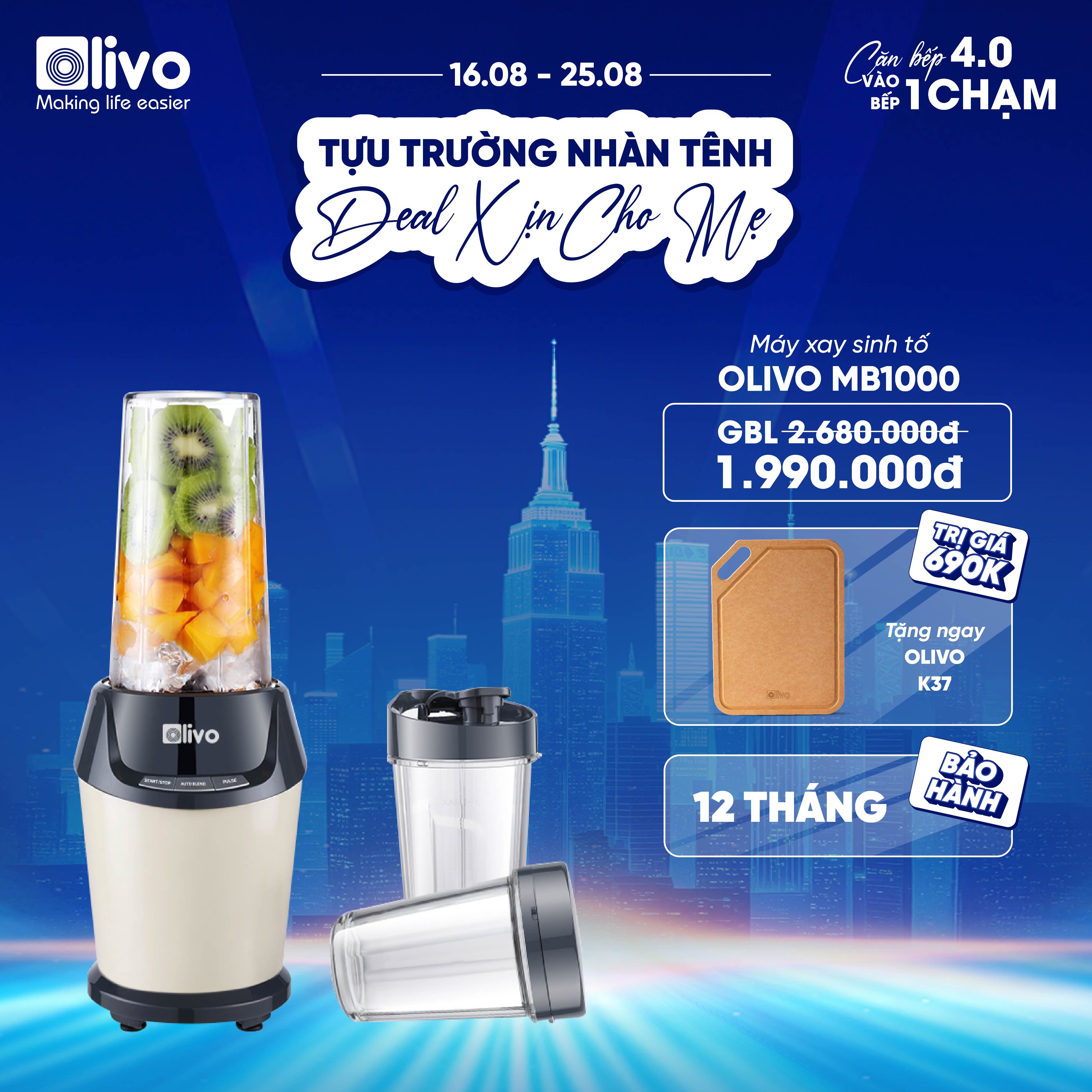 Máy Xay Sinh Tố OLIVO MB1000 - Ba Cốc Xay Linh Hoạt - Xay Đá Bào, Xay Sinh Tố, Smoothie, Đồ Ăn Dặm Cho Bé, Xay Đồ Khô - Công Suất Lớn 1000W