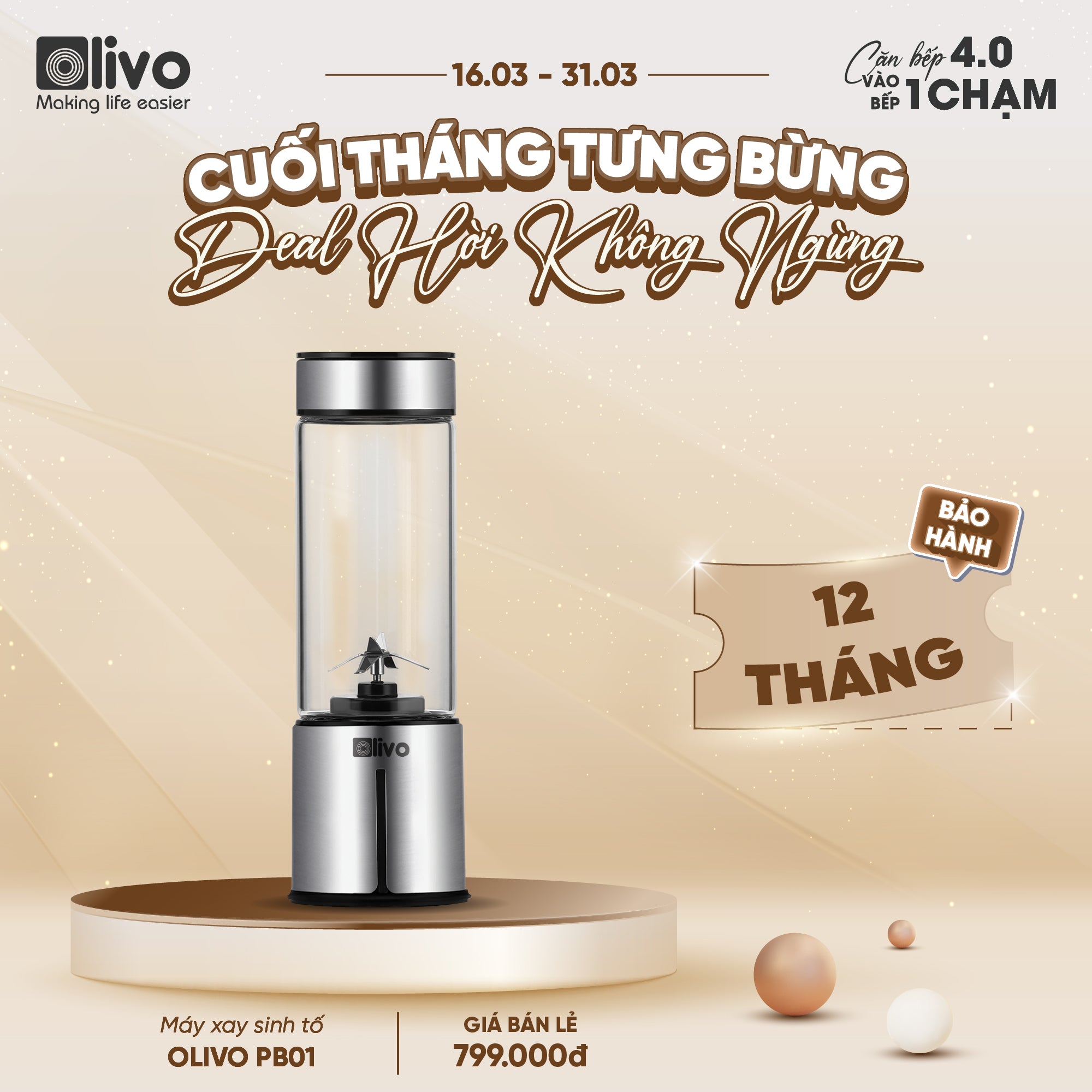 Máy Xay Sinh Tố Cầm Tay OLIVO PB01 – Xay Được Đá Viên, Sạc Pin Sử Dụng Không Cần Dây – Nhỏ Gọn, Cao Cấp, Tiện Lợi, Dung Tích 450ML
