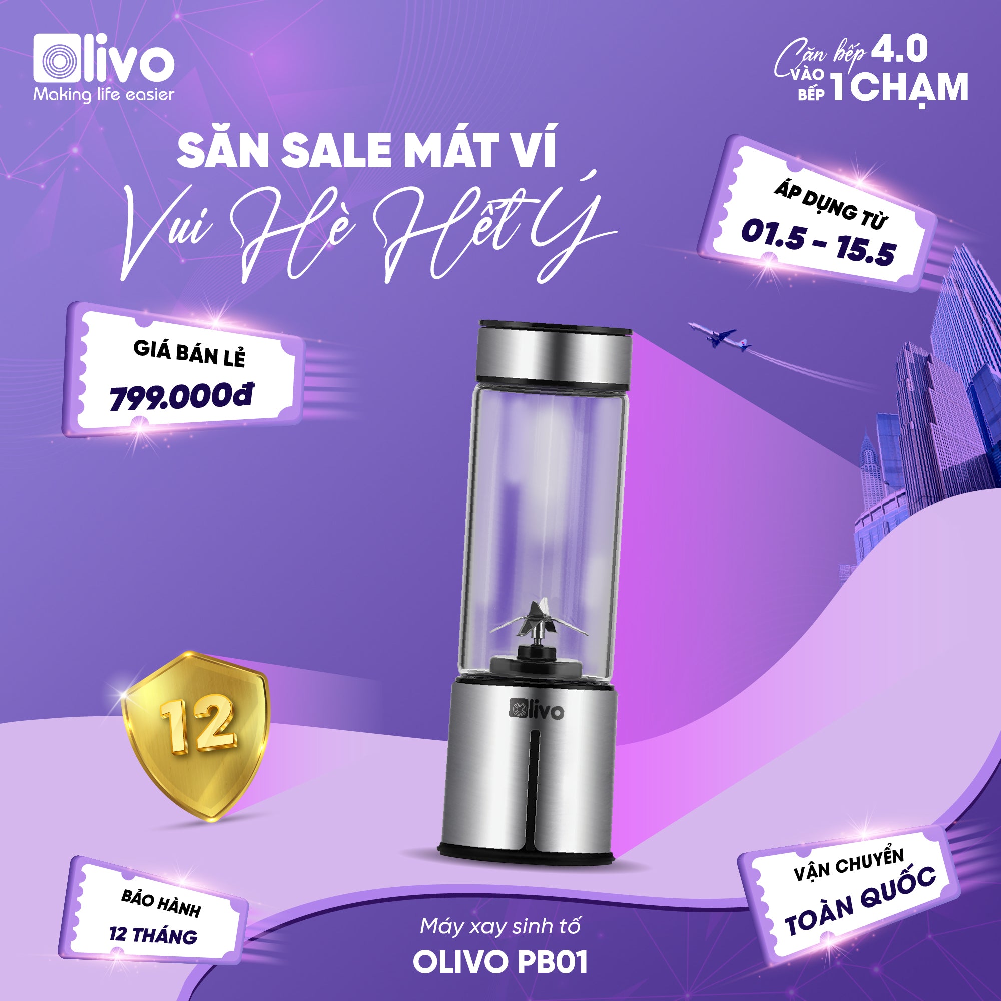 Máy Xay Sinh Tố Cầm Tay OLIVO PB01 – Xay Được Đá Viên, Sạc Pin Sử Dụng Không Cần Dây – Nhỏ Gọn, Cao Cấp, Tiện Lợi, Dung Tích 450ML