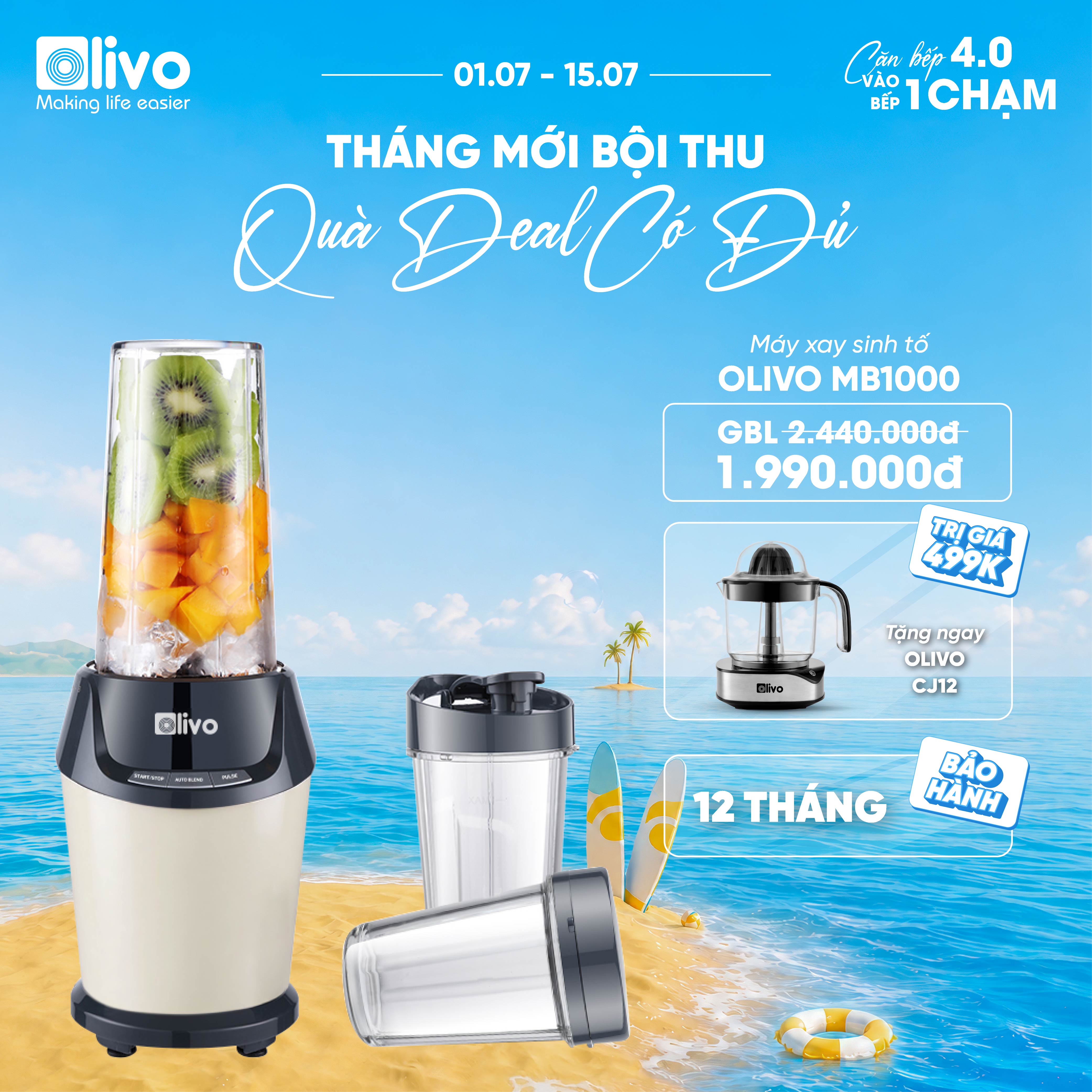 Máy Xay Sinh Tố OLIVO MB1000 - Ba Cốc Xay Linh Hoạt - Xay Đá Bào, Xay Sinh Tố, Smoothie, Đồ Ăn Dặm Cho Bé, Xay Đồ Khô - Công Suất Lớn 1000W